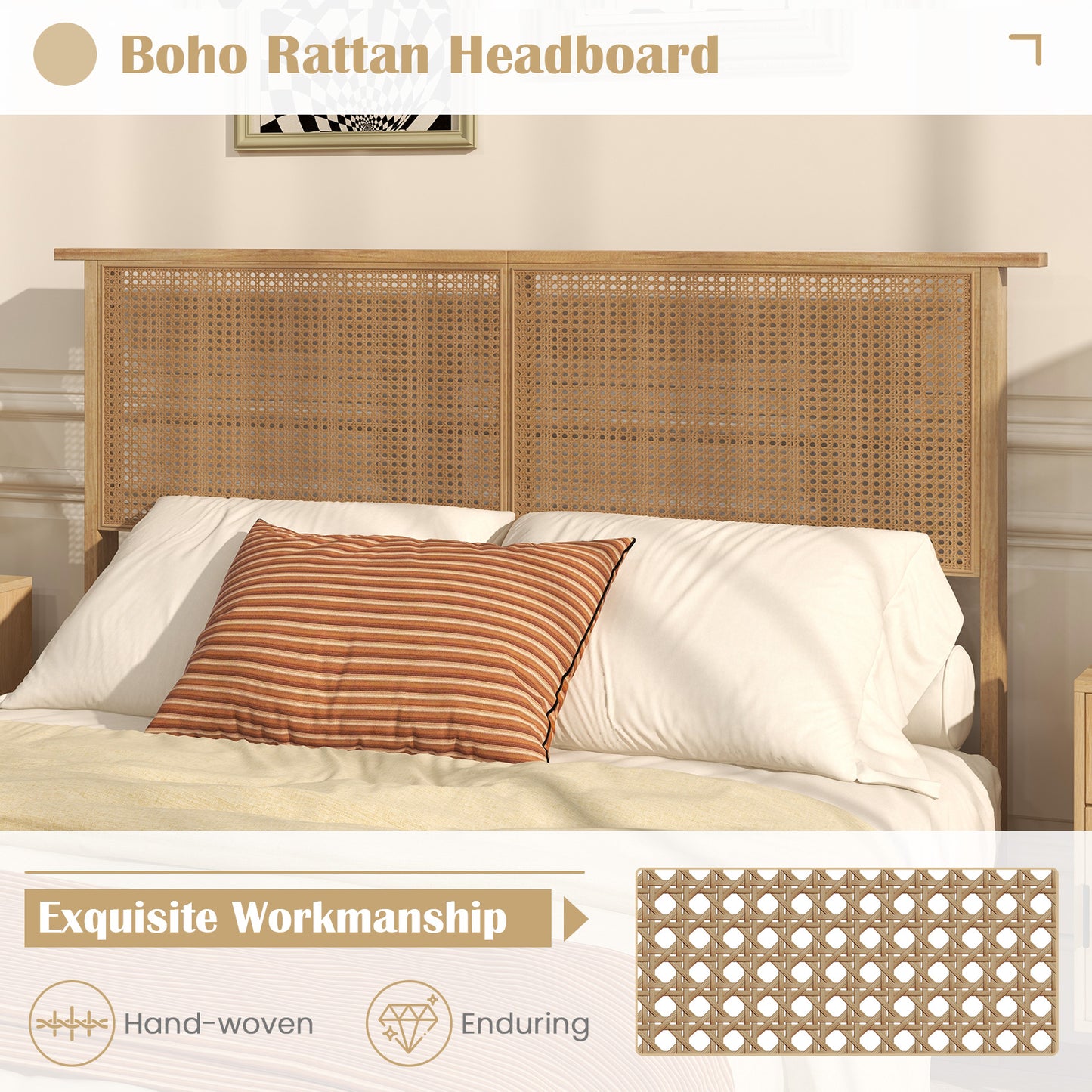 Boho Rattan Headboard Wooden Platform Bed Frame – Full Size