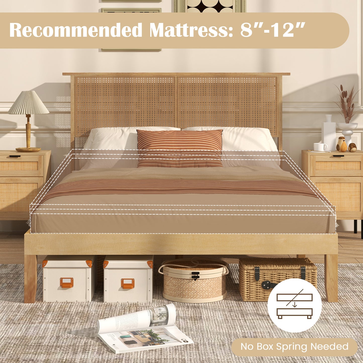 Boho Rattan Headboard Wooden Platform Bed Frame – Full Size