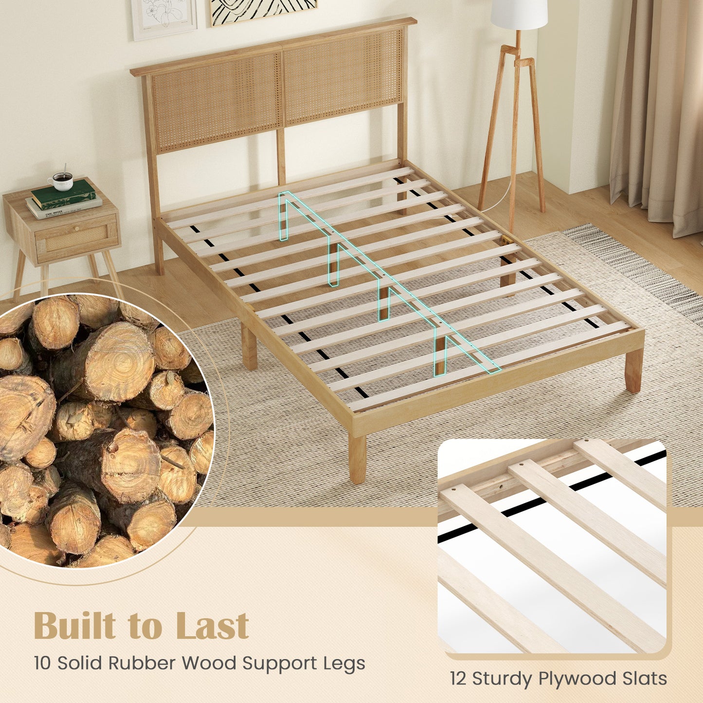 Boho Rattan Headboard Wooden Platform Bed Frame – Full Size
