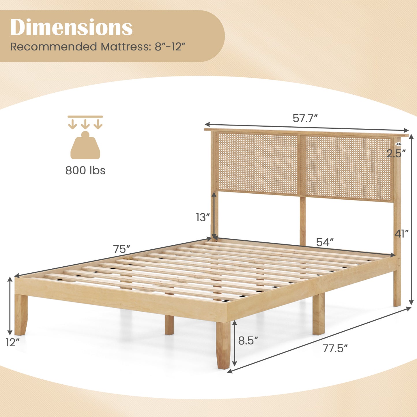 Boho Rattan Headboard Wooden Platform Bed Frame – Full Size