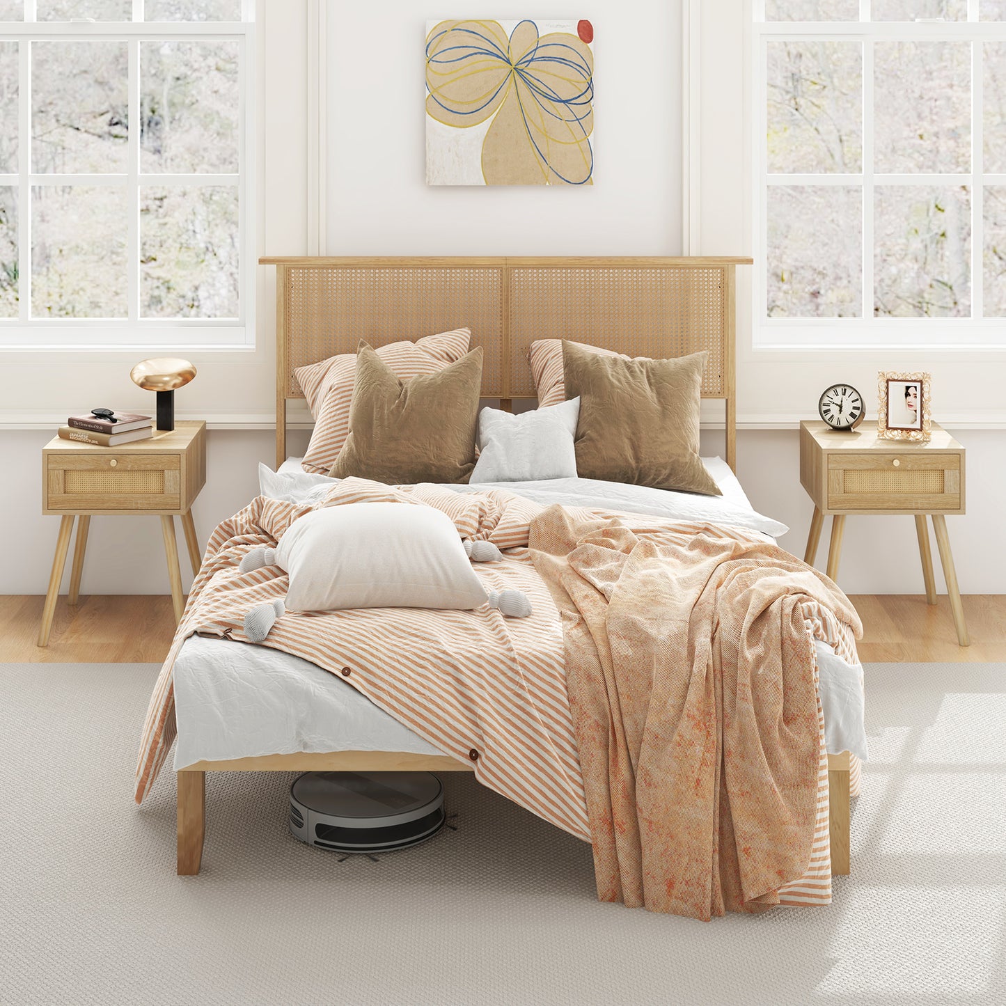 Boho Rattan Headboard Wooden Platform Bed Frame – Full Size