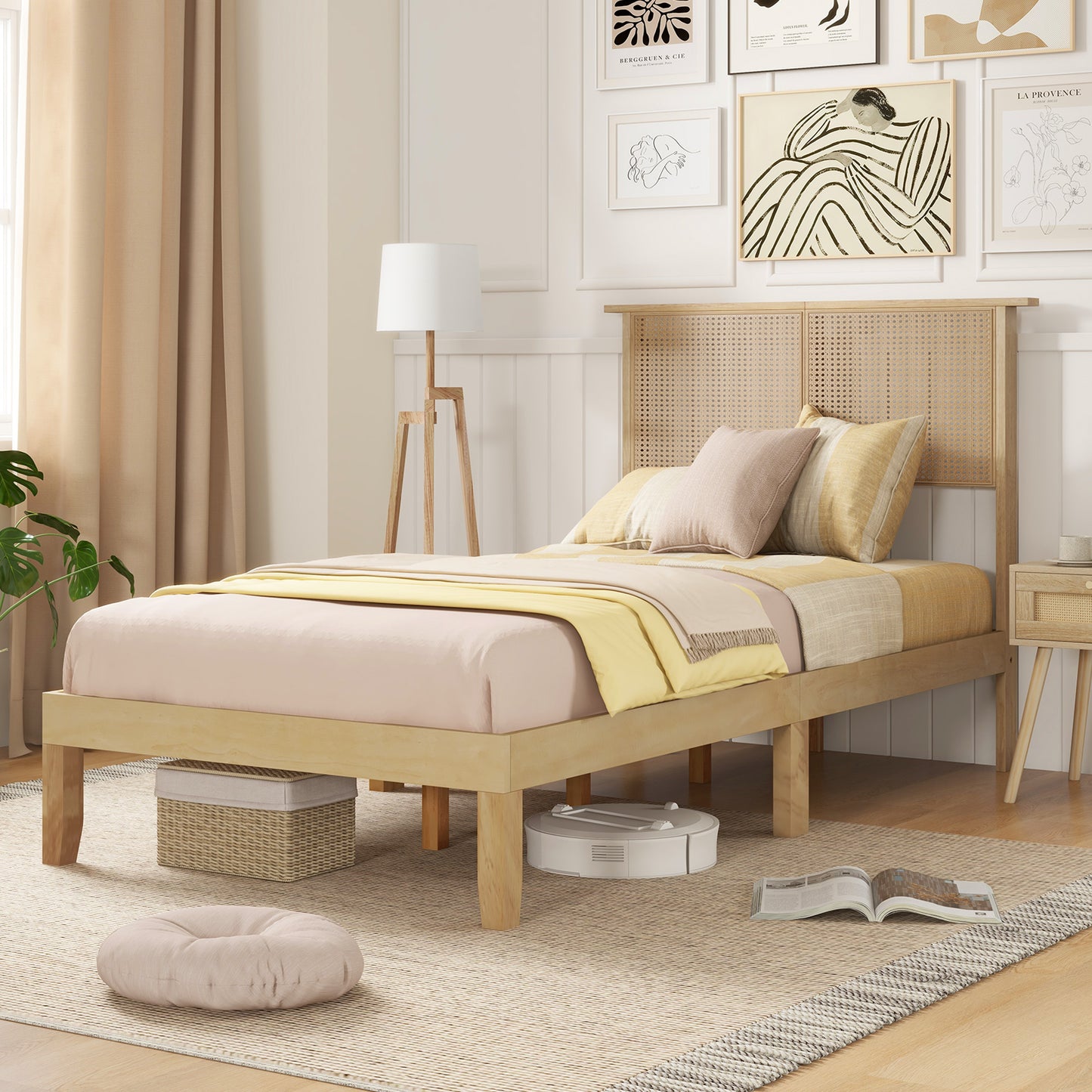 Boho Rattan Headboard Wooden Platform Bed Frame – Twin Size