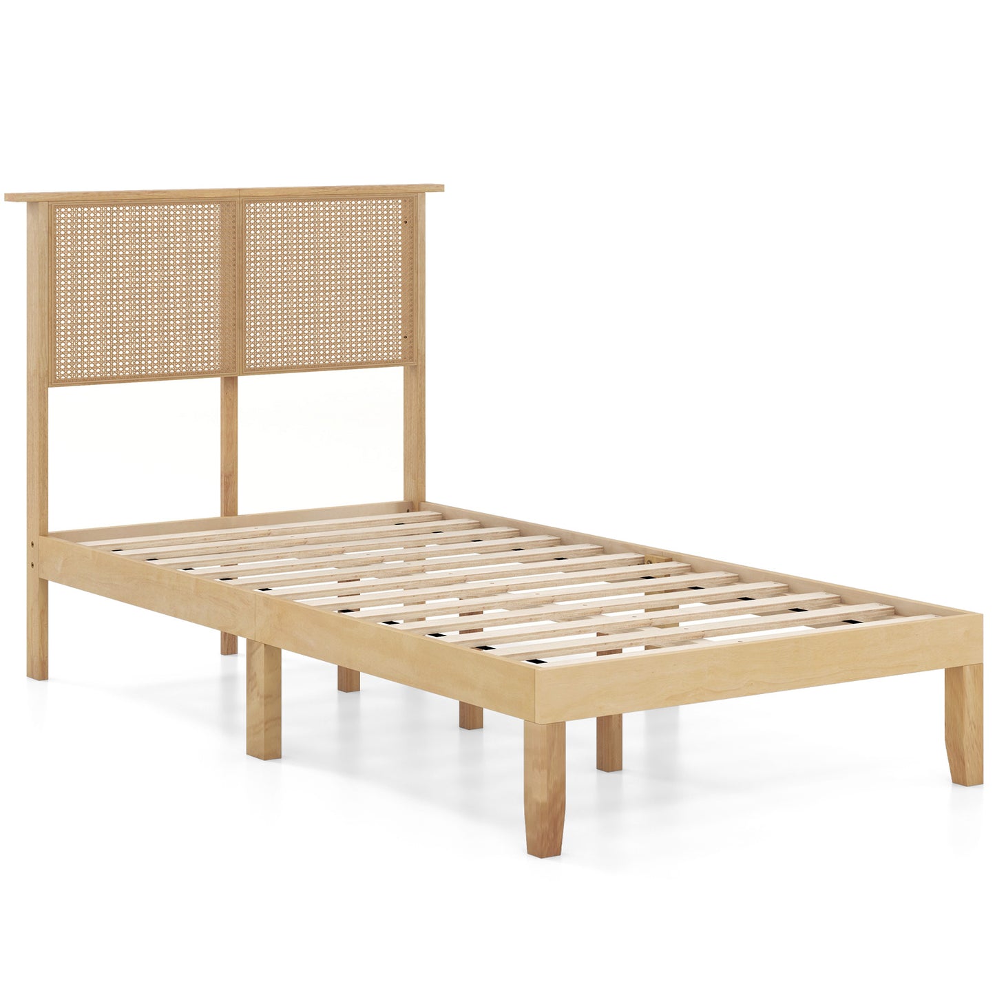 Boho Rattan Headboard Wooden Platform Bed Frame – Twin Size