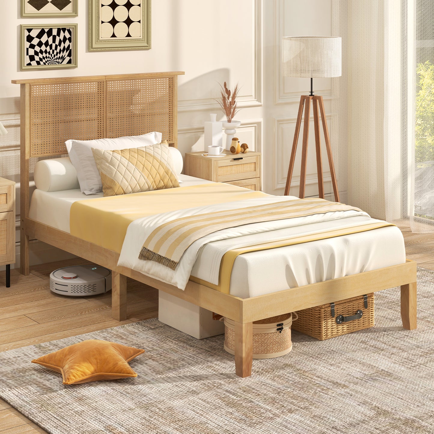 Boho Rattan Headboard Wooden Platform Bed Frame – Twin Size