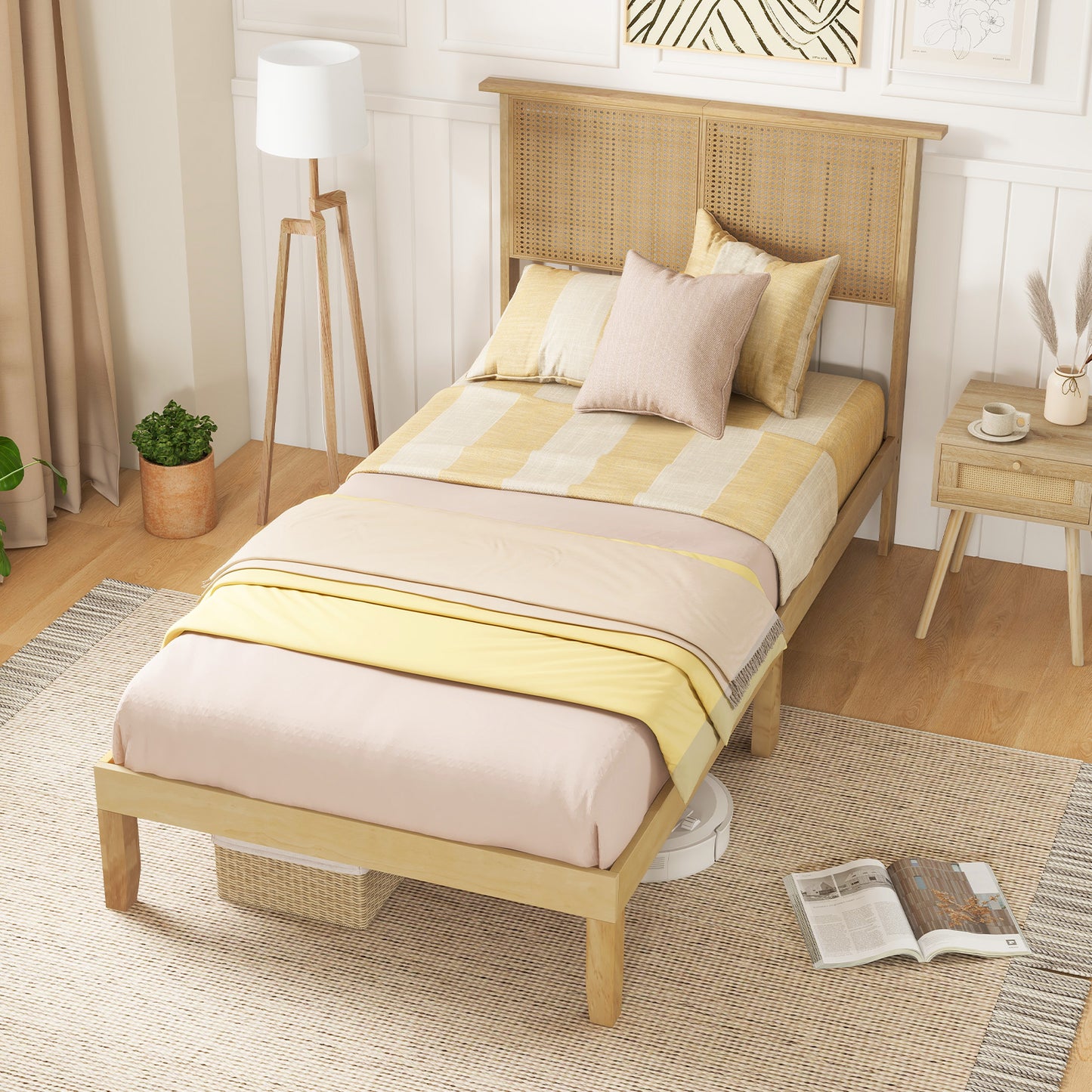 Boho Rattan Headboard Wooden Platform Bed Frame – Twin Size