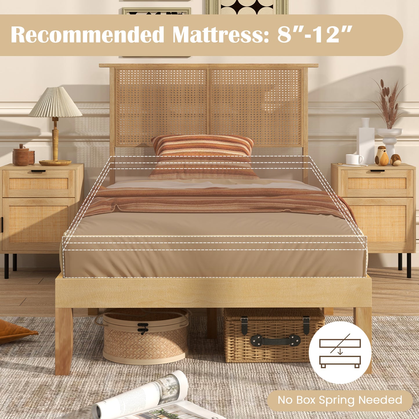 Boho Rattan Headboard Wooden Platform Bed Frame – Twin Size