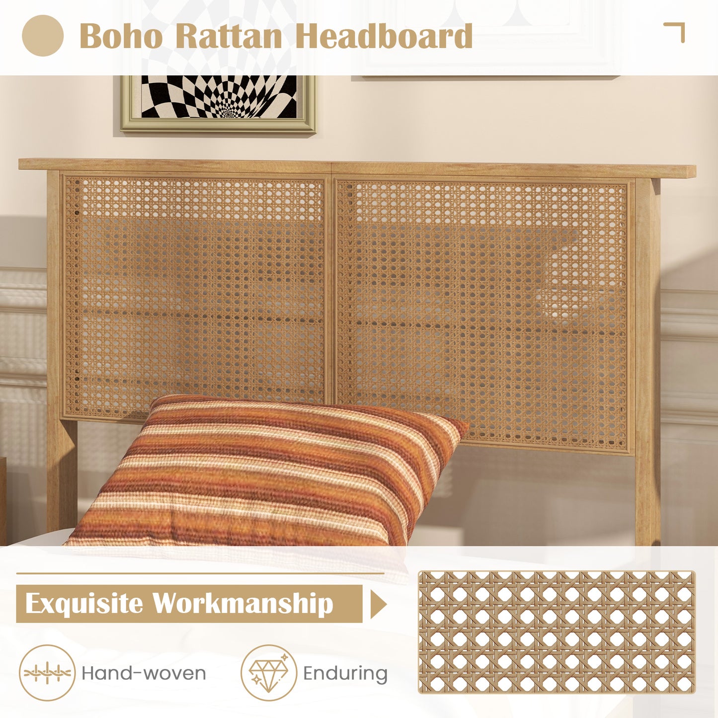 Boho Rattan Headboard Wooden Platform Bed Frame – Twin Size