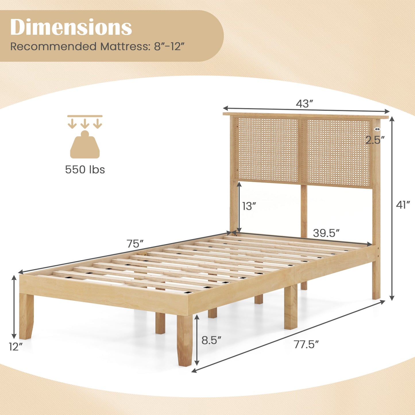Boho Rattan Headboard Wooden Platform Bed Frame – Twin Size