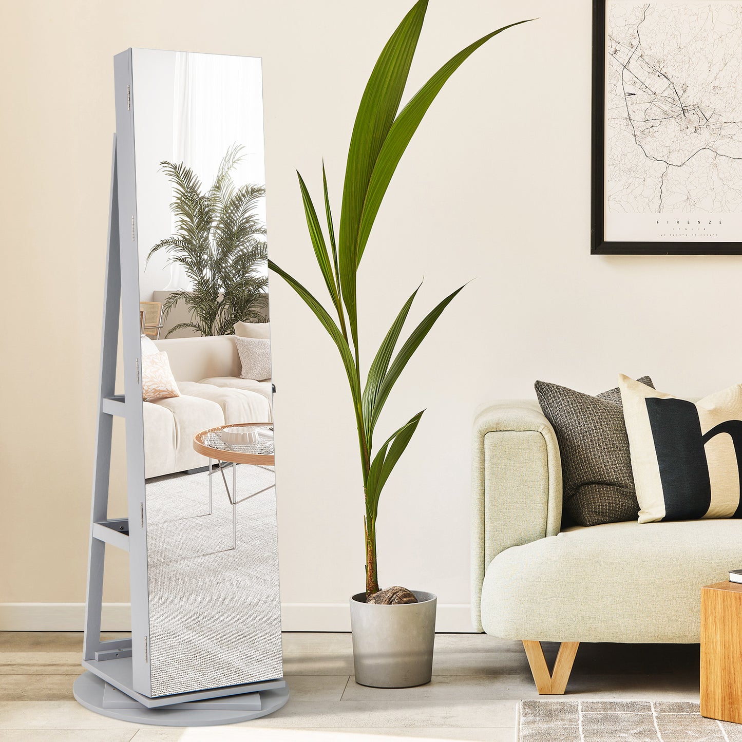 360° Rotating Jewelry Armoire with LED Mirror and Lockable Storage – Grey