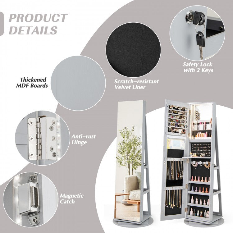 360° Rotating Jewelry Armoire with LED Mirror and Lockable Storage – Grey