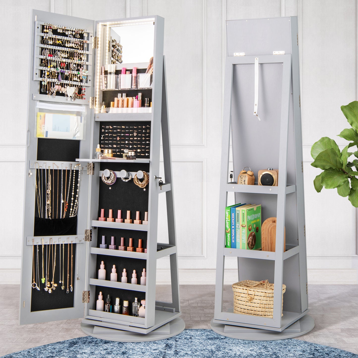 360° Rotating Jewelry Armoire with LED Mirror and Lockable Storage – Grey