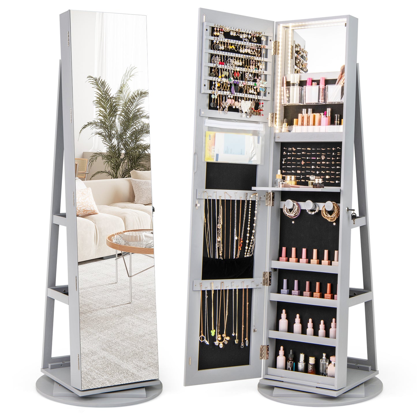 360° Rotating Jewelry Armoire with LED Mirror and Lockable Storage – Grey