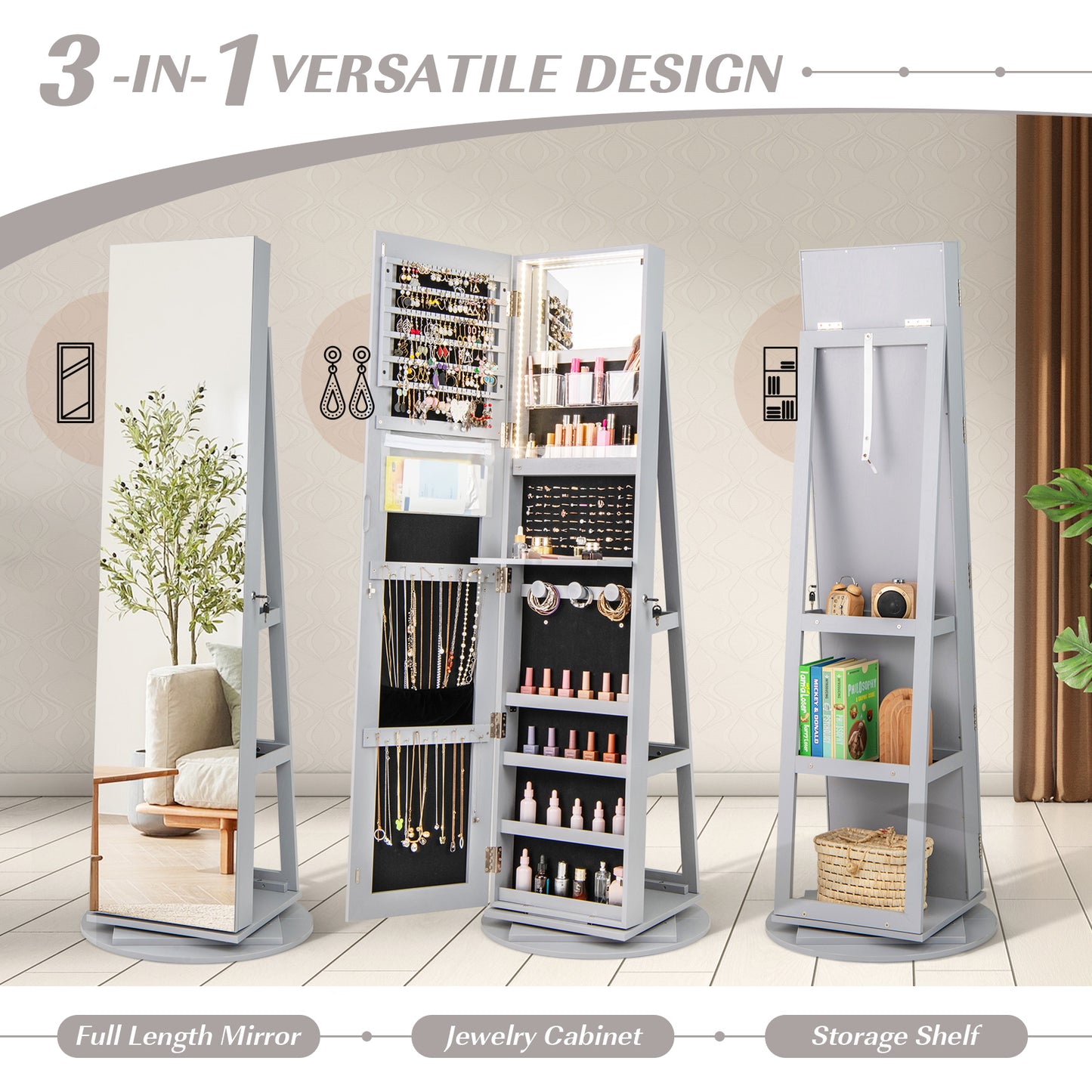 360° Rotating Jewelry Armoire with LED Mirror and Lockable Storage – Grey