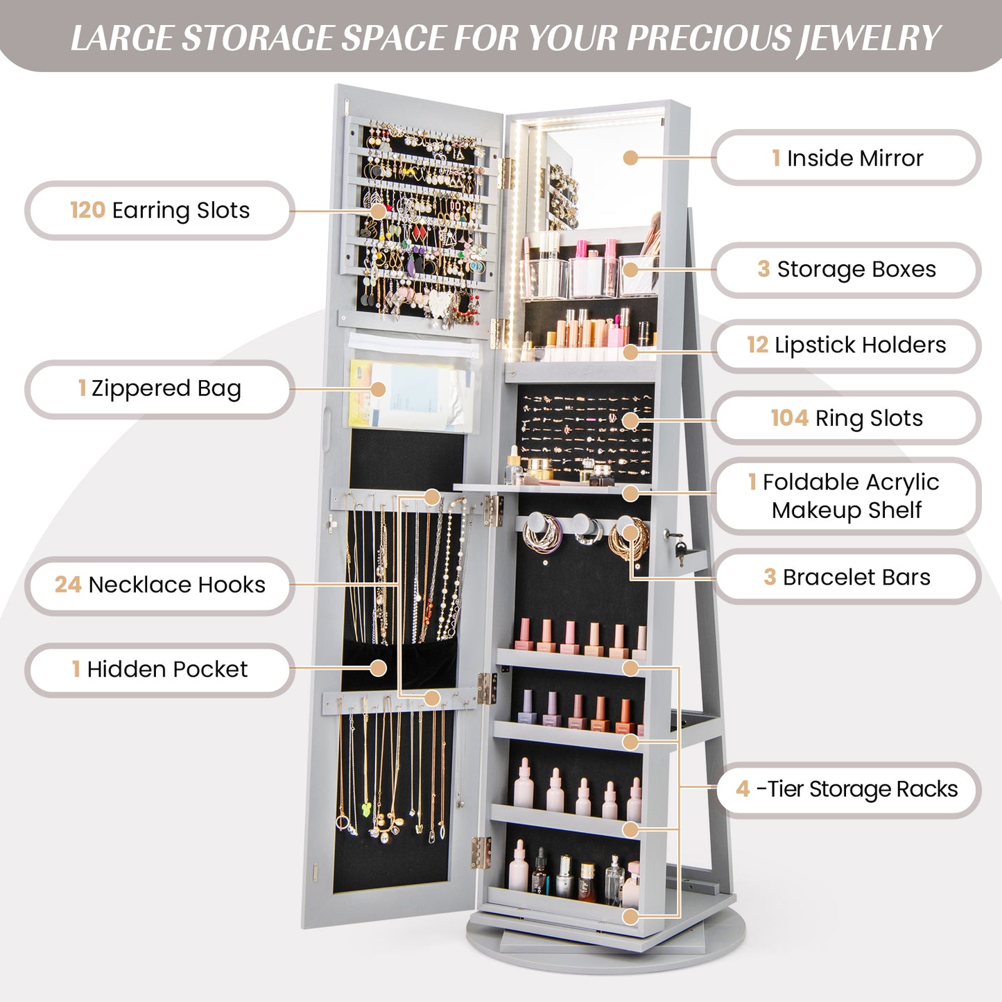 360° Rotating Jewelry Armoire with LED Mirror and Lockable Storage – Grey