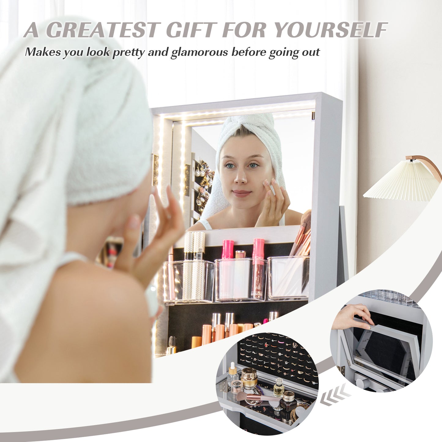 360° Rotating Jewelry Armoire with LED Mirror and Lockable Storage – Grey