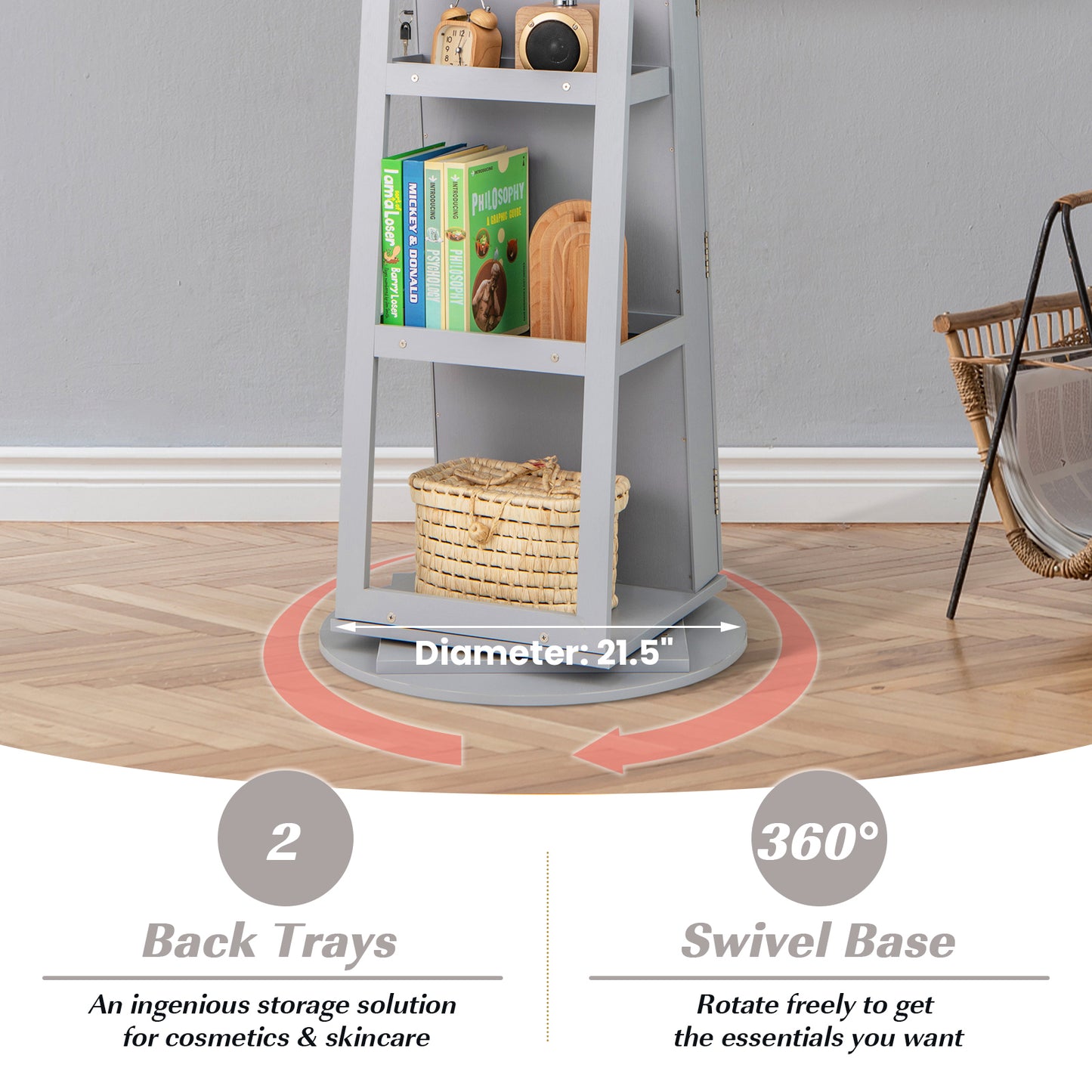 360° Rotating Jewelry Armoire with LED Mirror and Lockable Storage – Grey