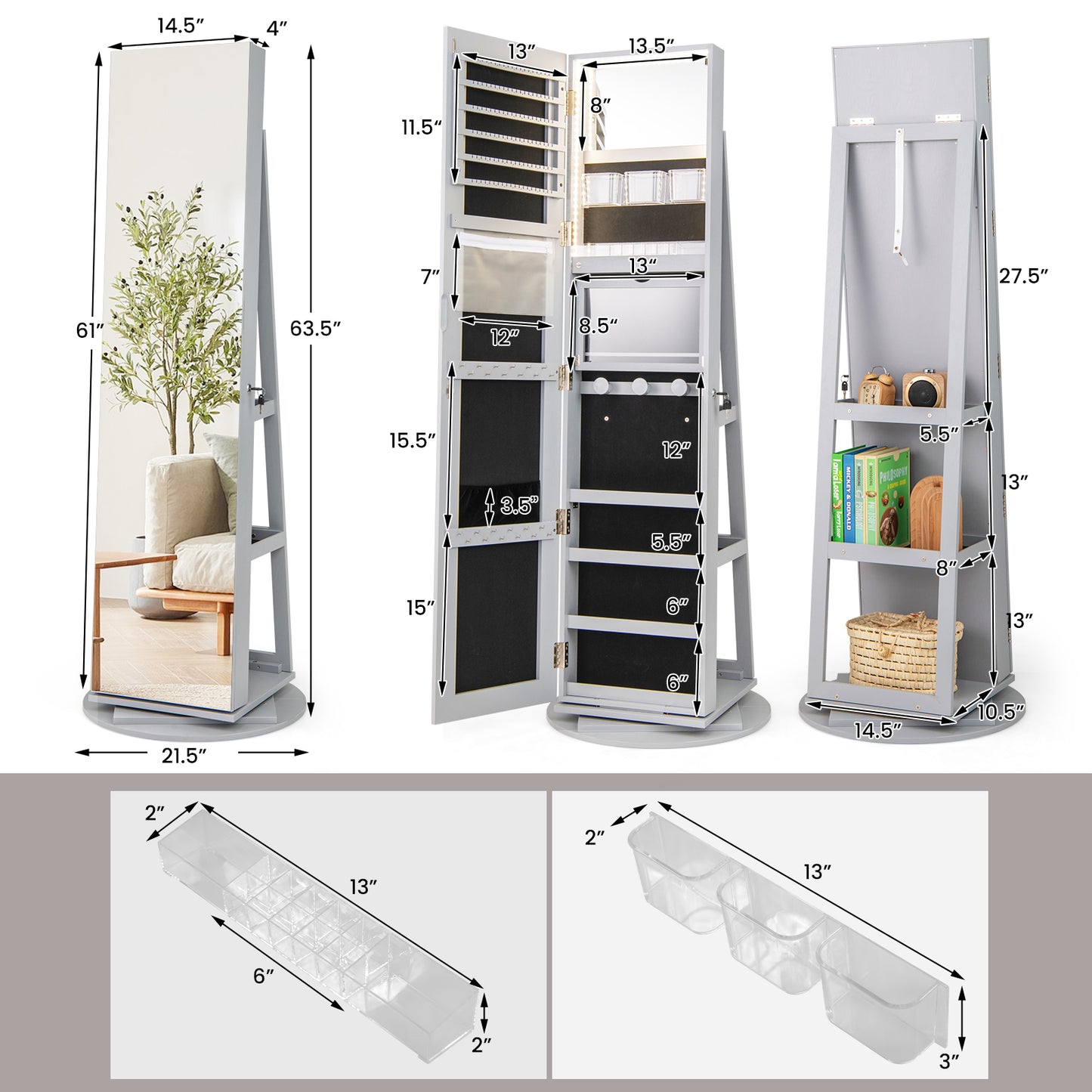 360° Rotating Jewelry Armoire with LED Mirror and Lockable Storage – Grey