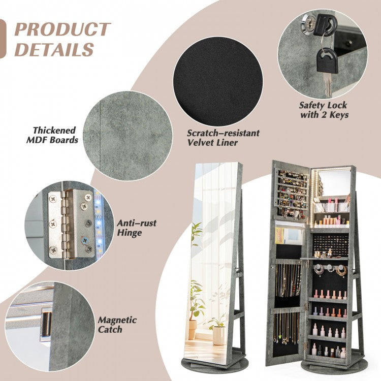 360° Rotating Jewelry Armoire with LED Mirror and Lockable Storage – Green