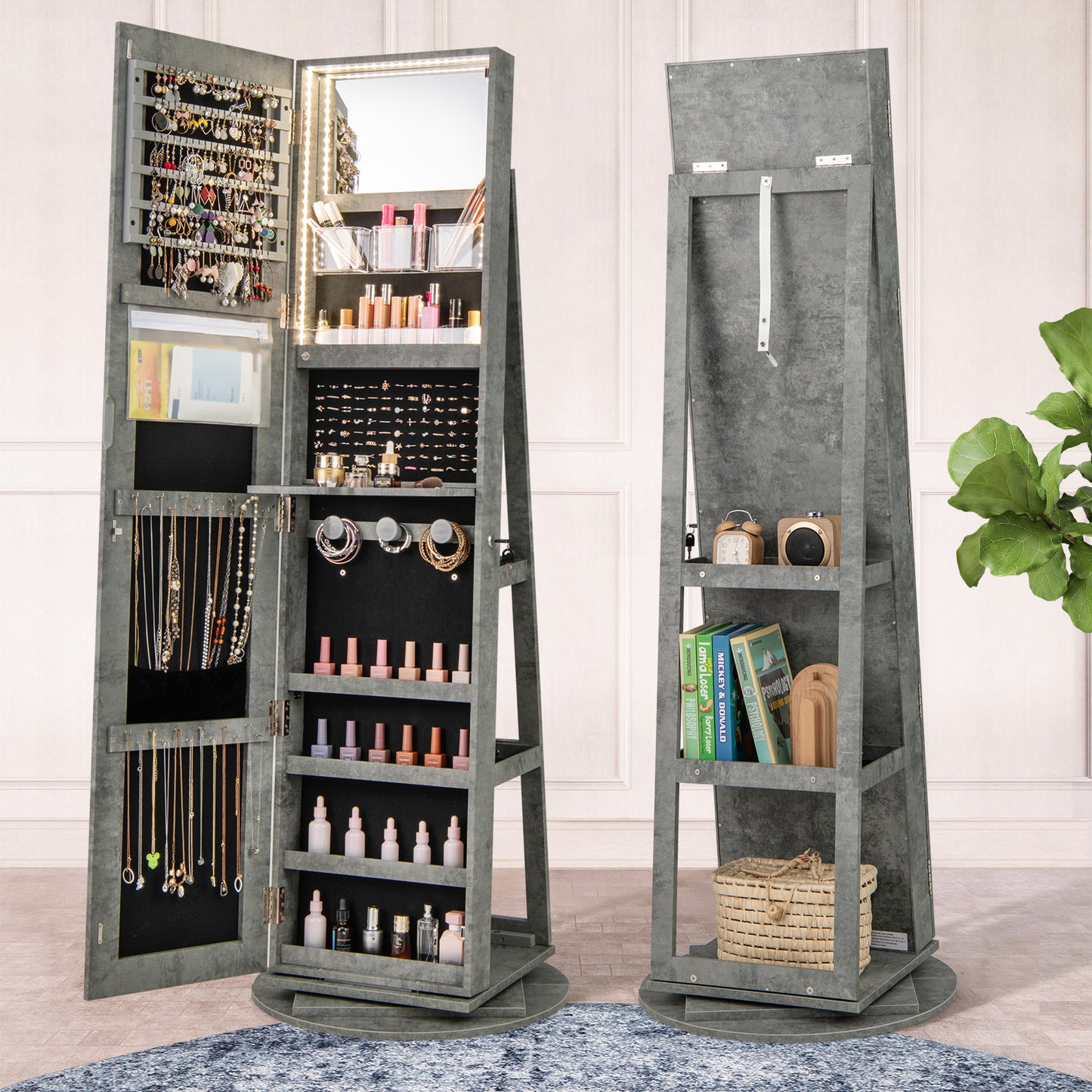360° Rotating Jewelry Armoire with LED Mirror and Lockable Storage – Green