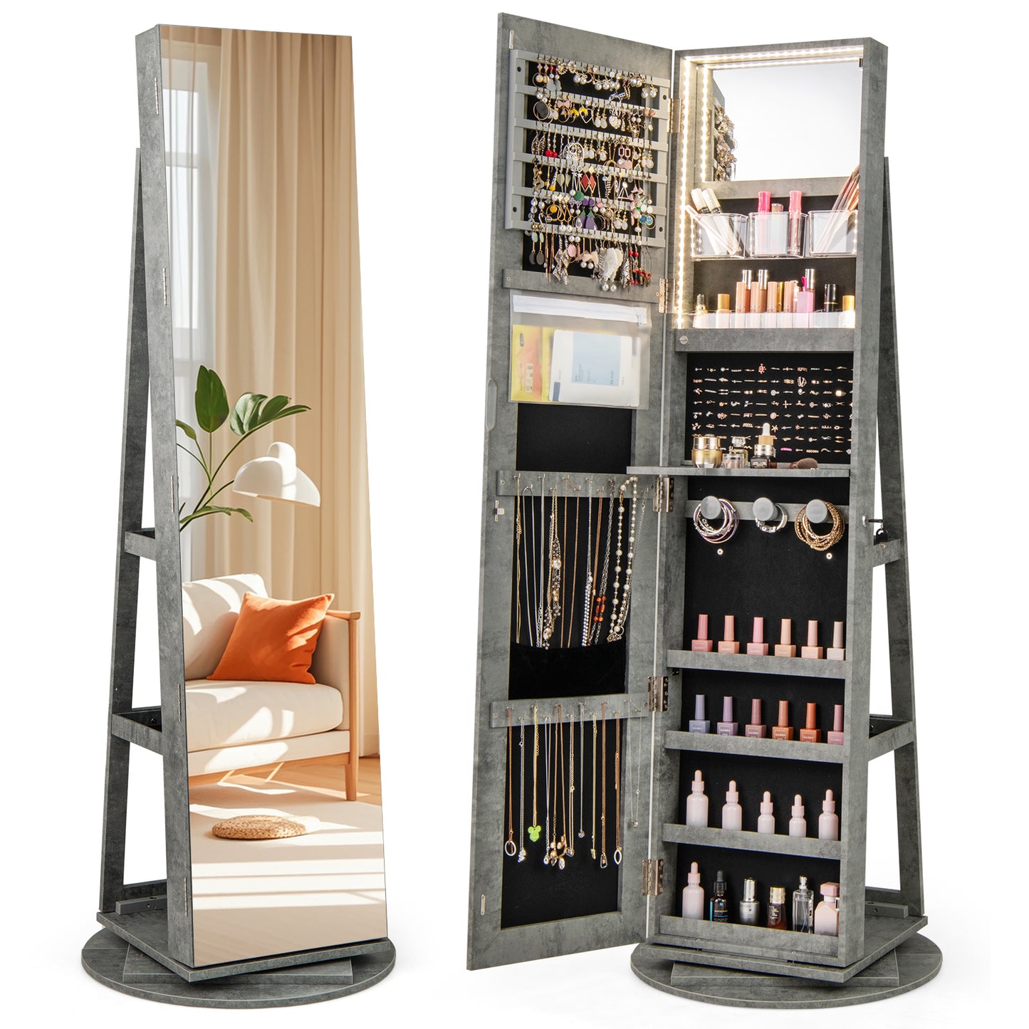360° Rotating Jewelry Armoire with LED Mirror and Lockable Storage – Green