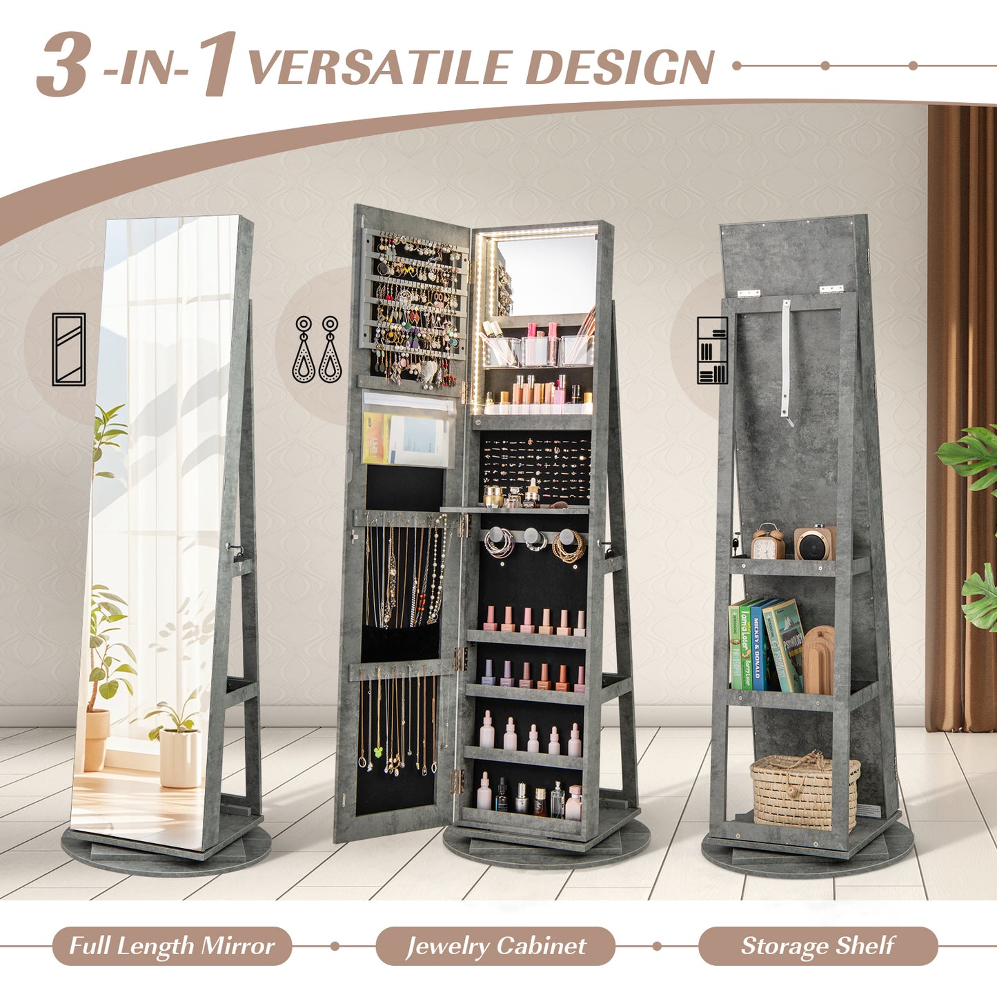 360° Rotating Jewelry Armoire with LED Mirror and Lockable Storage – Green