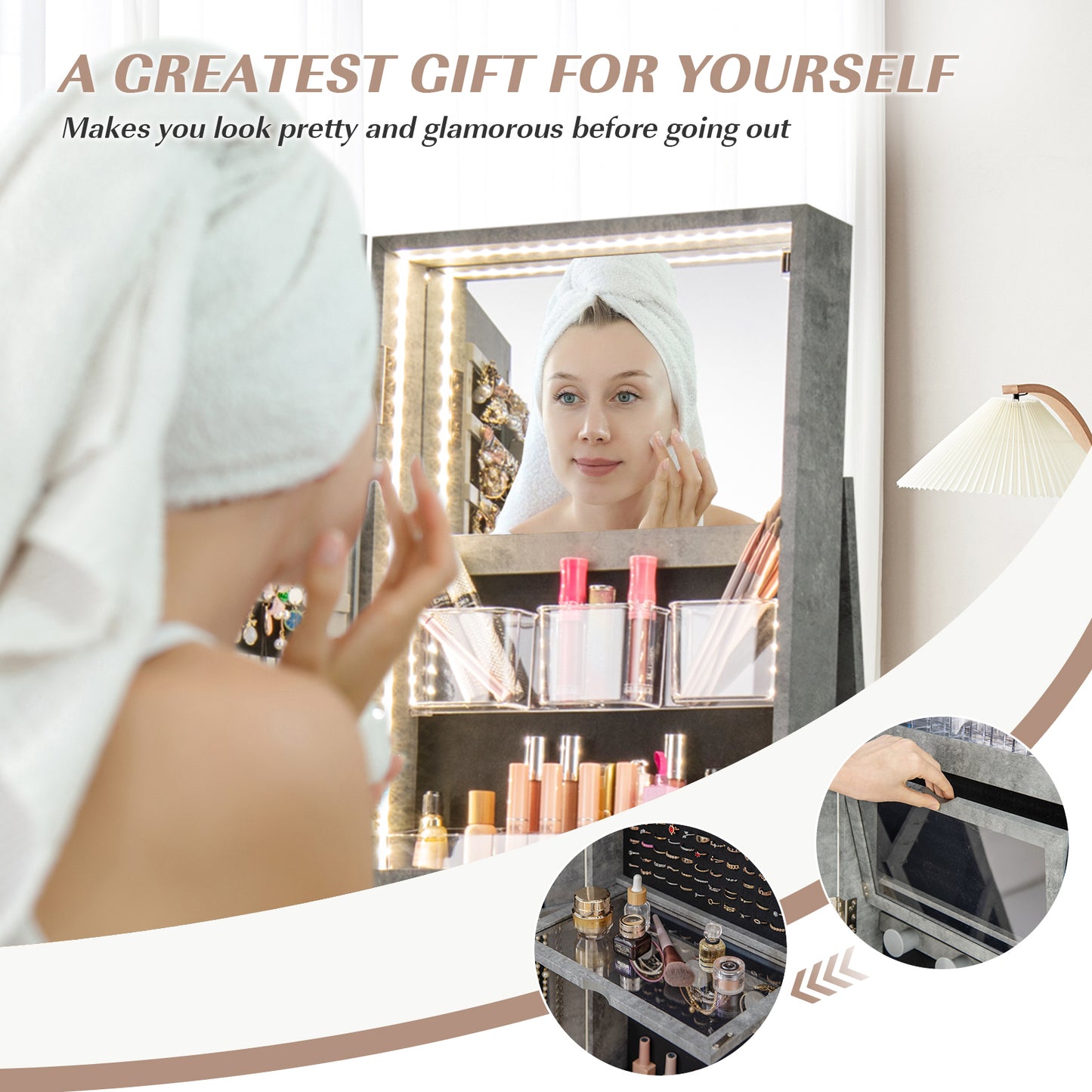 360° Rotating Jewelry Armoire with LED Mirror and Lockable Storage – Green