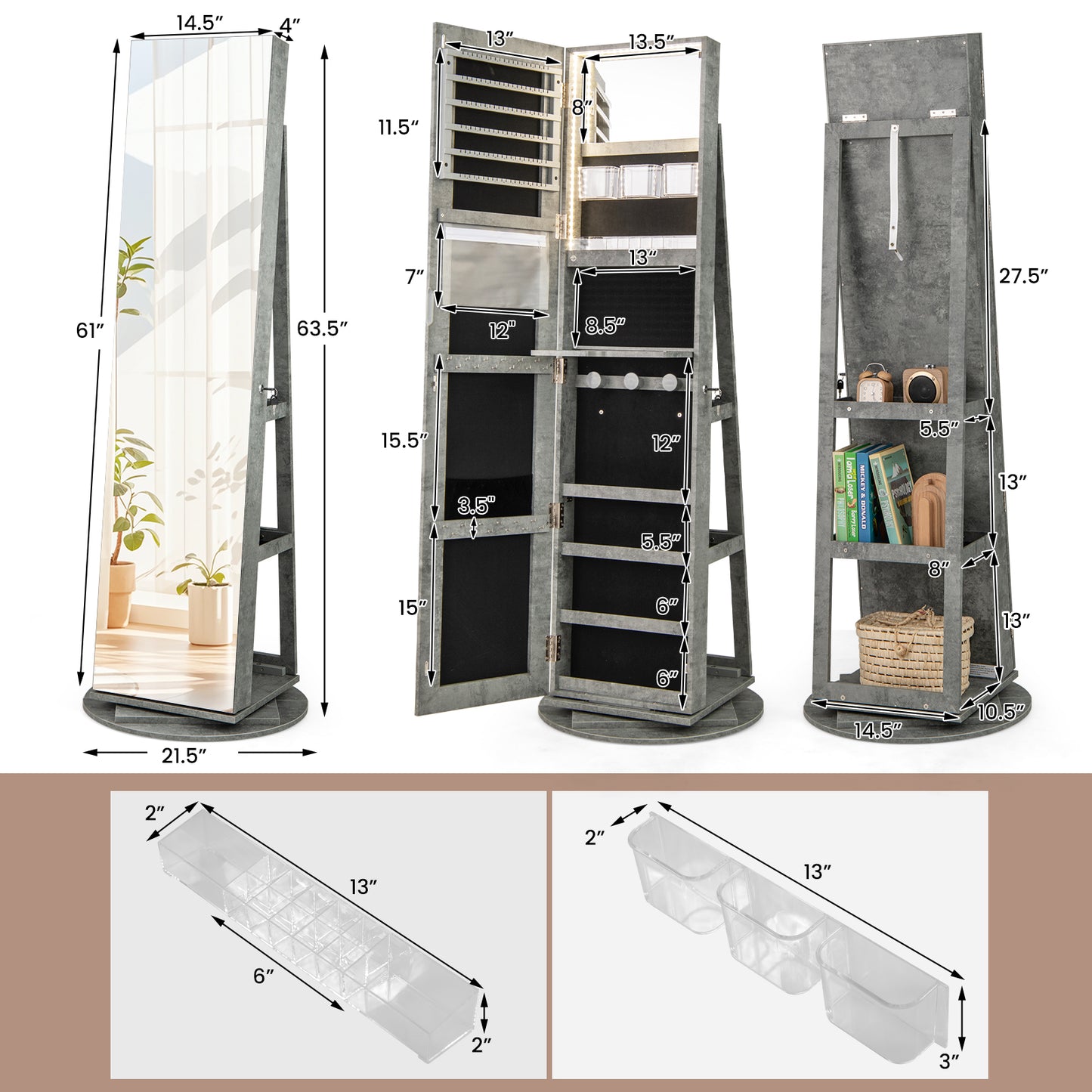 360° Rotating Jewelry Armoire with LED Mirror and Lockable Storage – Green