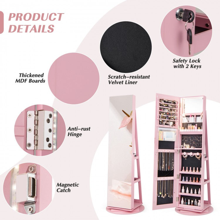 360° Rotating Jewelry Armoire with LED Mirror and Lockable Storage – Pink
