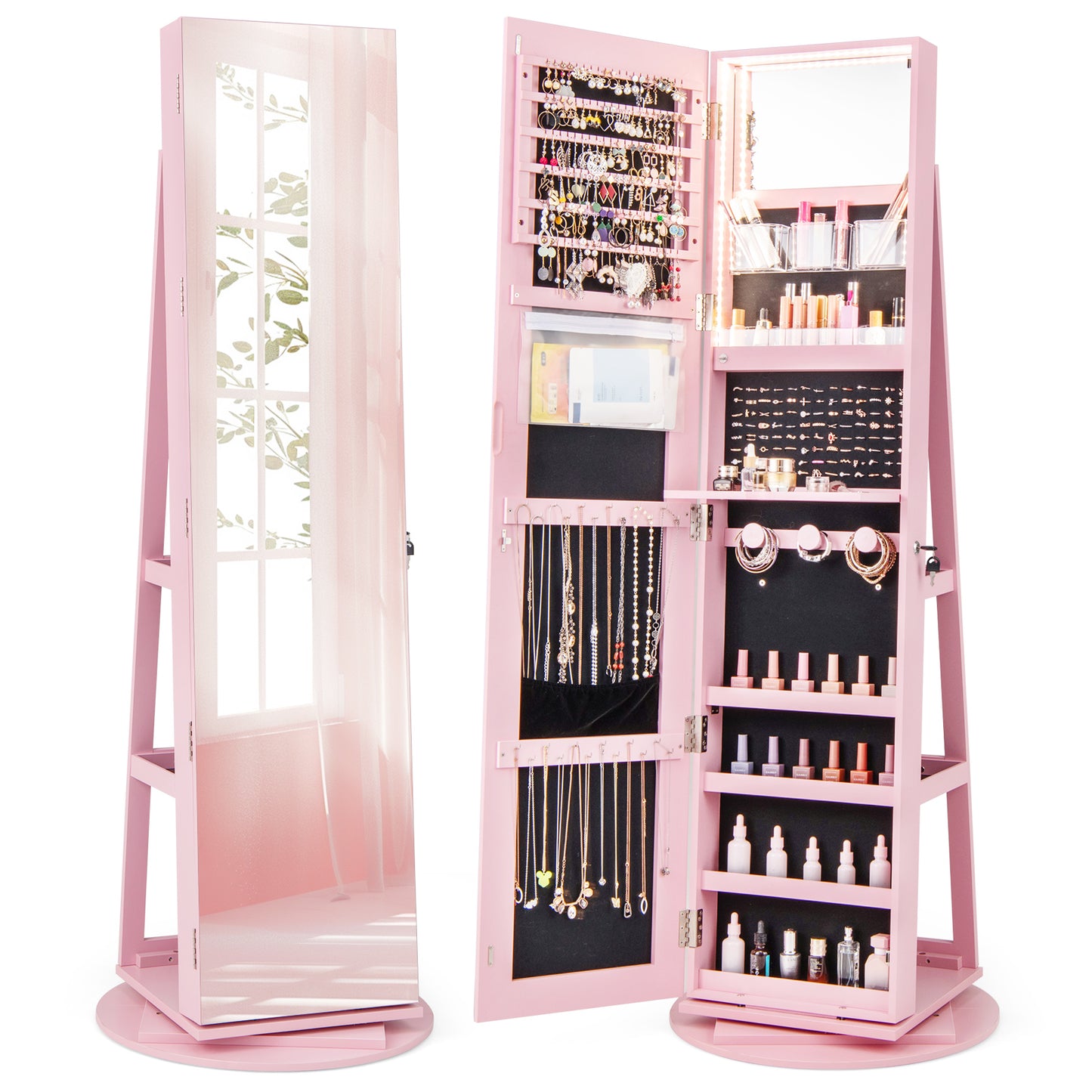 360° Rotating Jewelry Armoire with LED Mirror and Lockable Storage – Pink