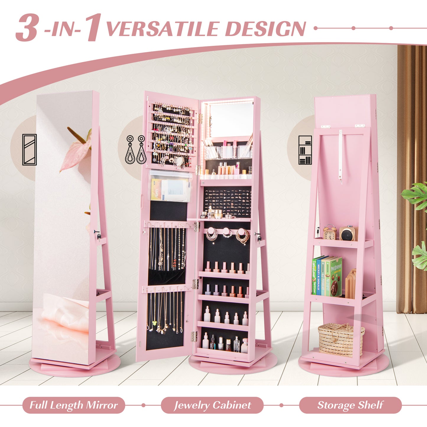 360° Rotating Jewelry Armoire with LED Mirror and Lockable Storage – Pink