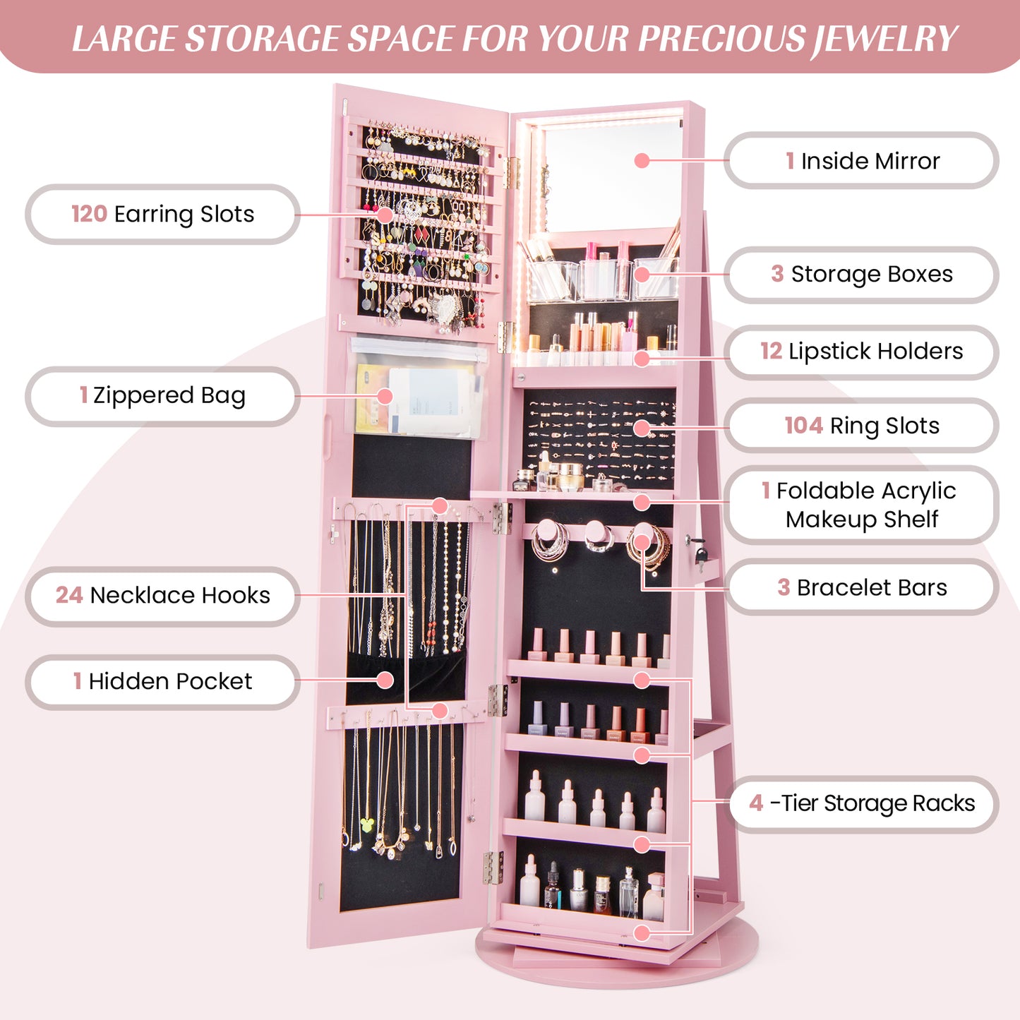 360° Rotating Jewelry Armoire with LED Mirror and Lockable Storage – Pink