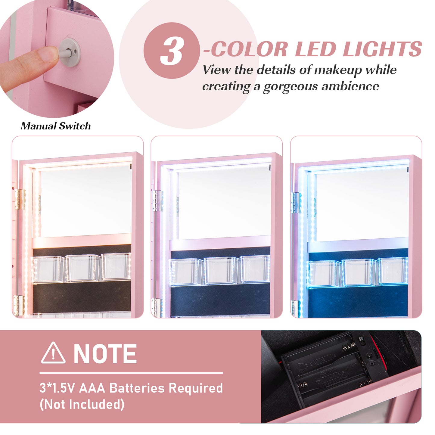 360° Rotating Jewelry Armoire with LED Mirror and Lockable Storage – Pink