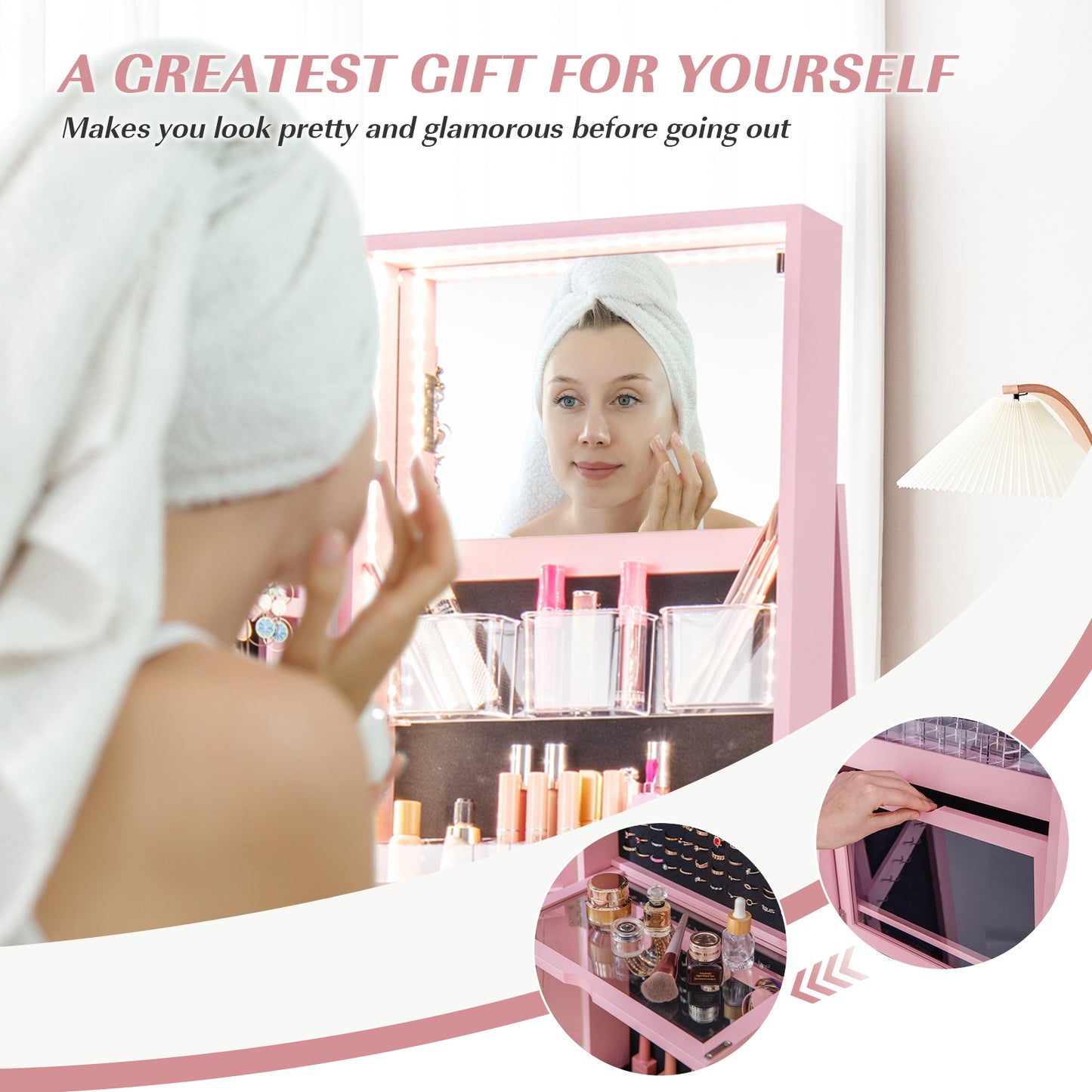 360° Rotating Jewelry Armoire with LED Mirror and Lockable Storage – Pink