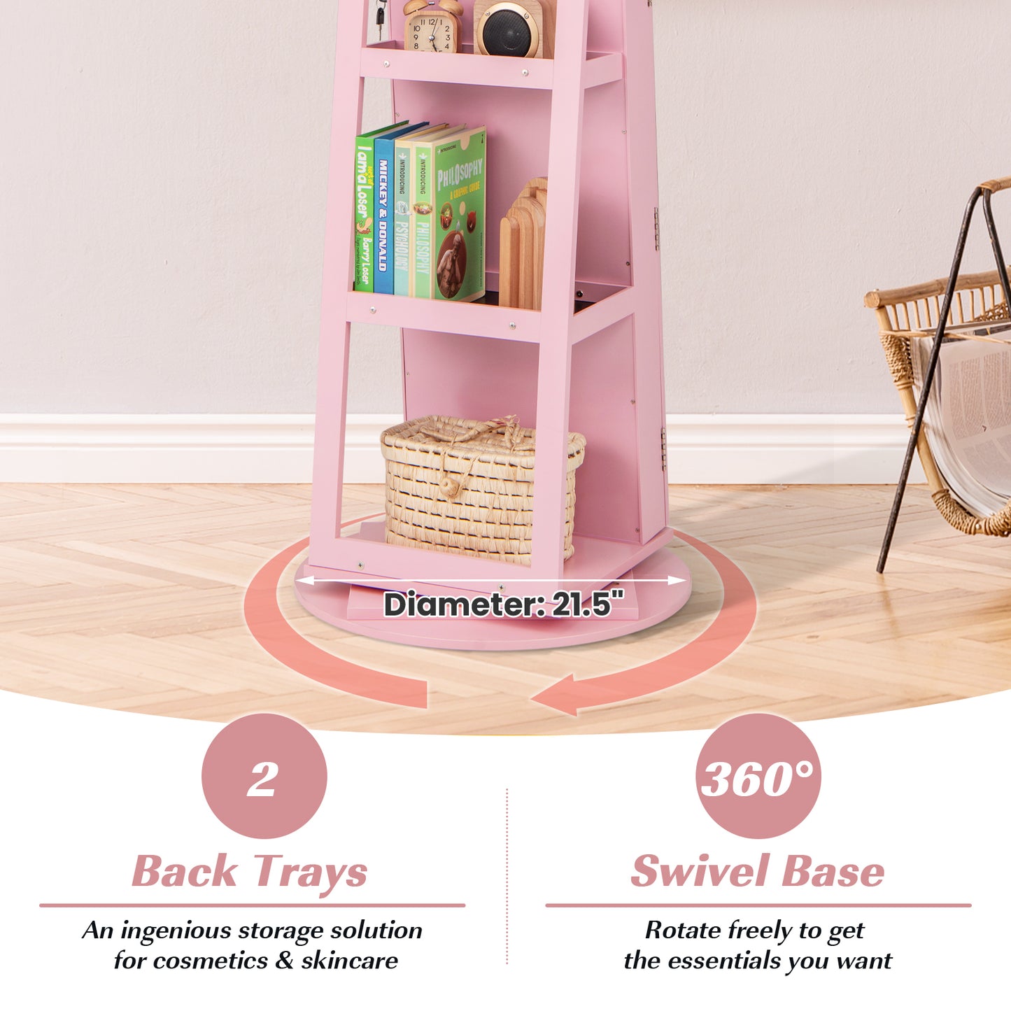 360° Rotating Jewelry Armoire with LED Mirror and Lockable Storage – Pink