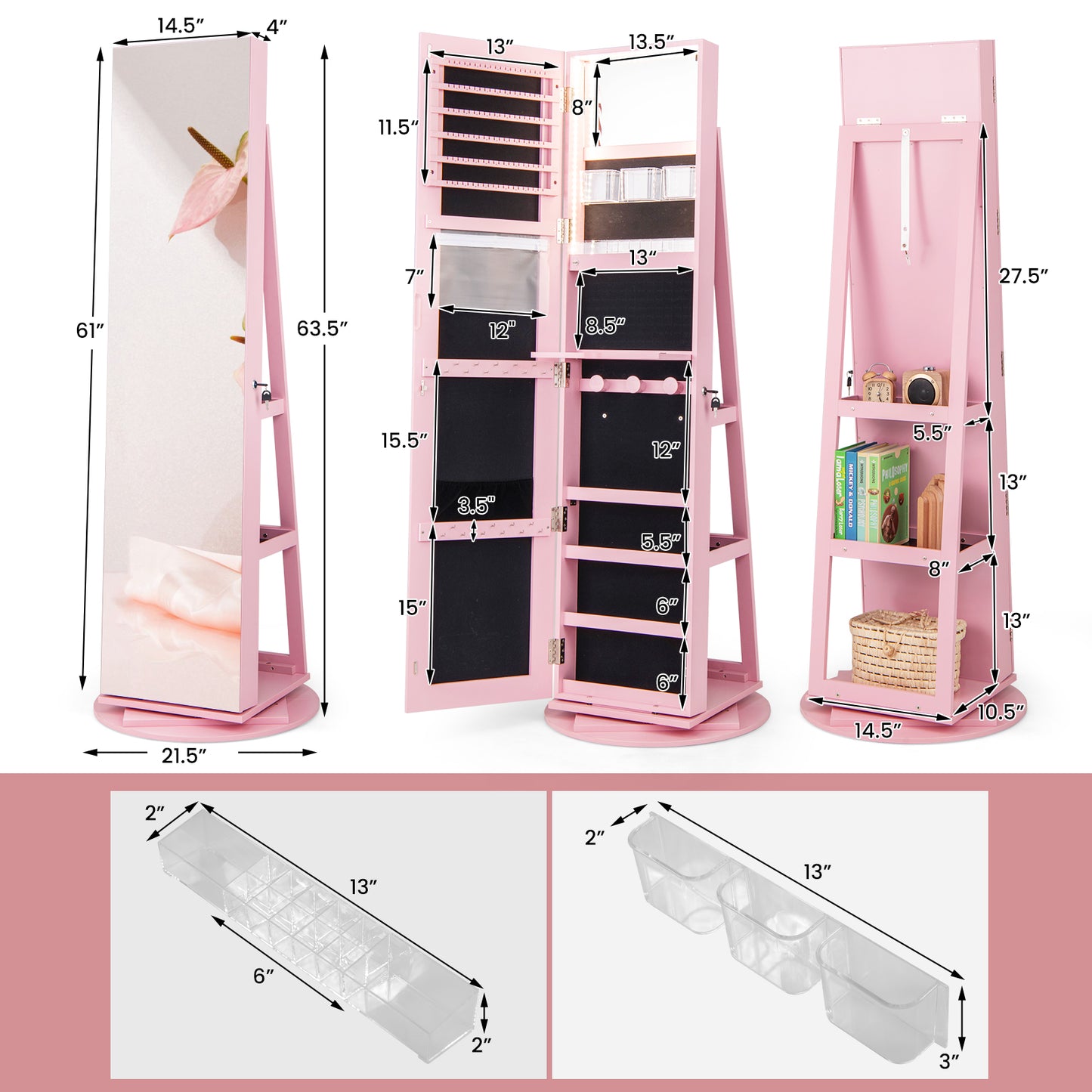 360° Rotating Jewelry Armoire with LED Mirror and Lockable Storage – Pink
