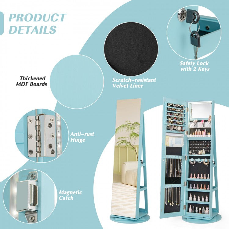 360° Rotating Jewelry Armoire with LED Mirror and Lockable Storage – Blue