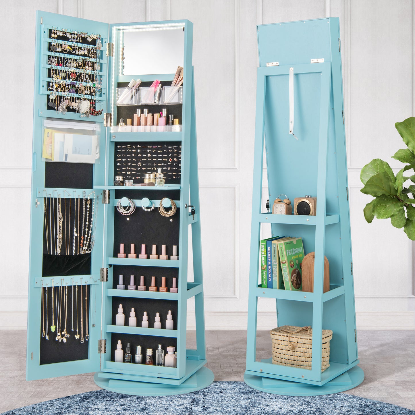 360° Rotating Jewelry Armoire with LED Mirror and Lockable Storage – Blue