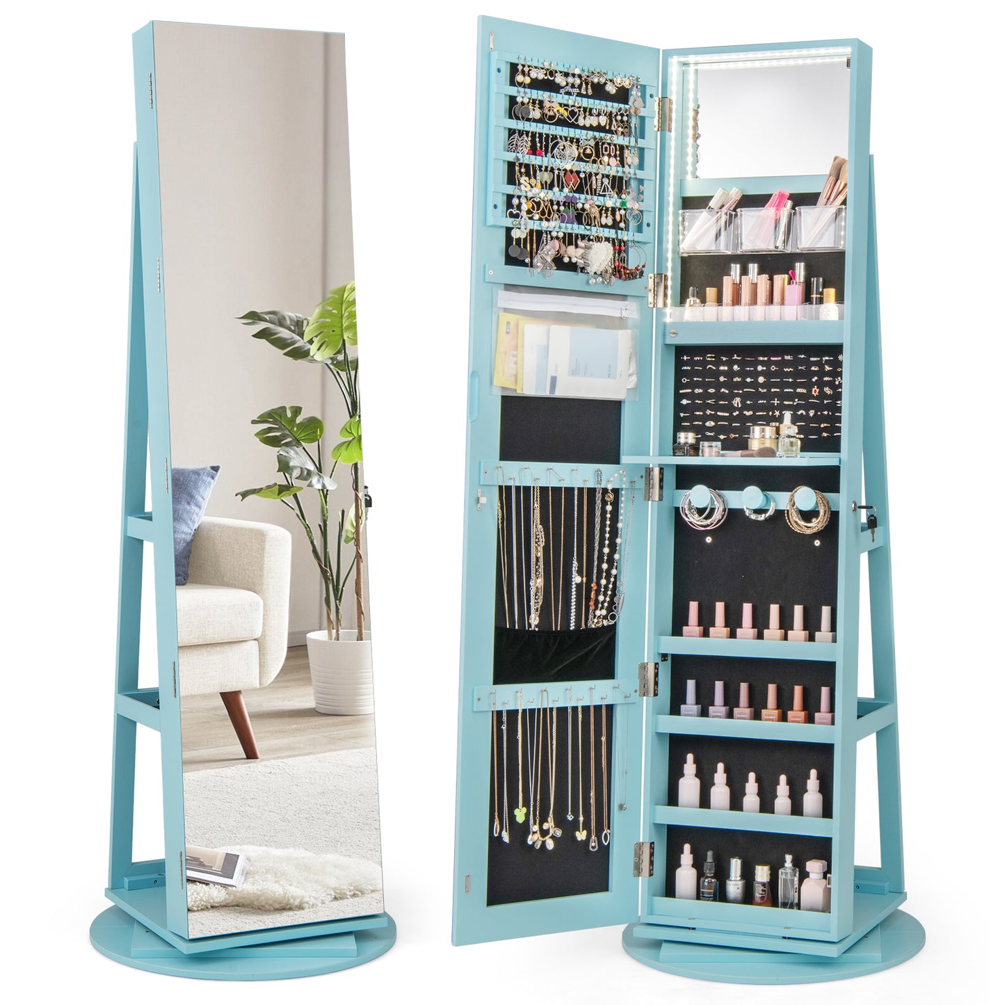 360° Rotating Jewelry Armoire with LED Mirror and Lockable Storage – Blue