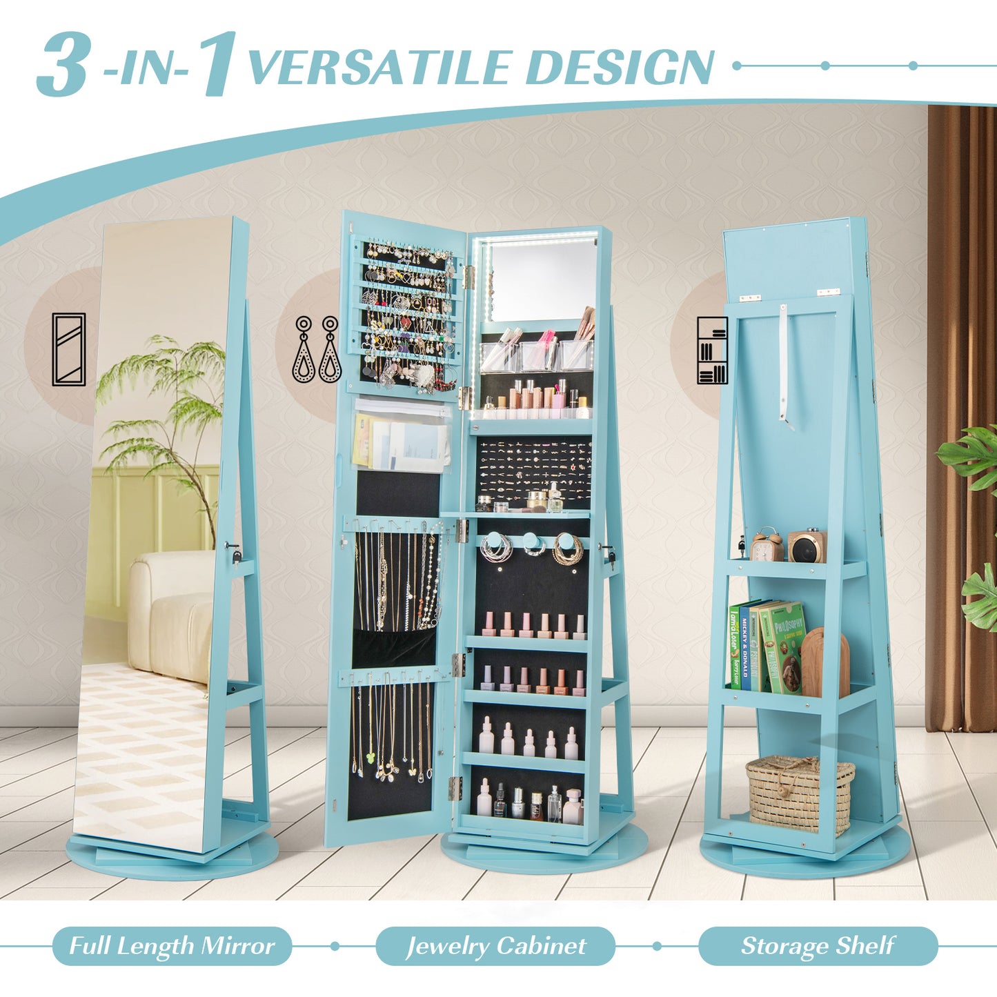 360° Rotating Jewelry Armoire with LED Mirror and Lockable Storage – Blue