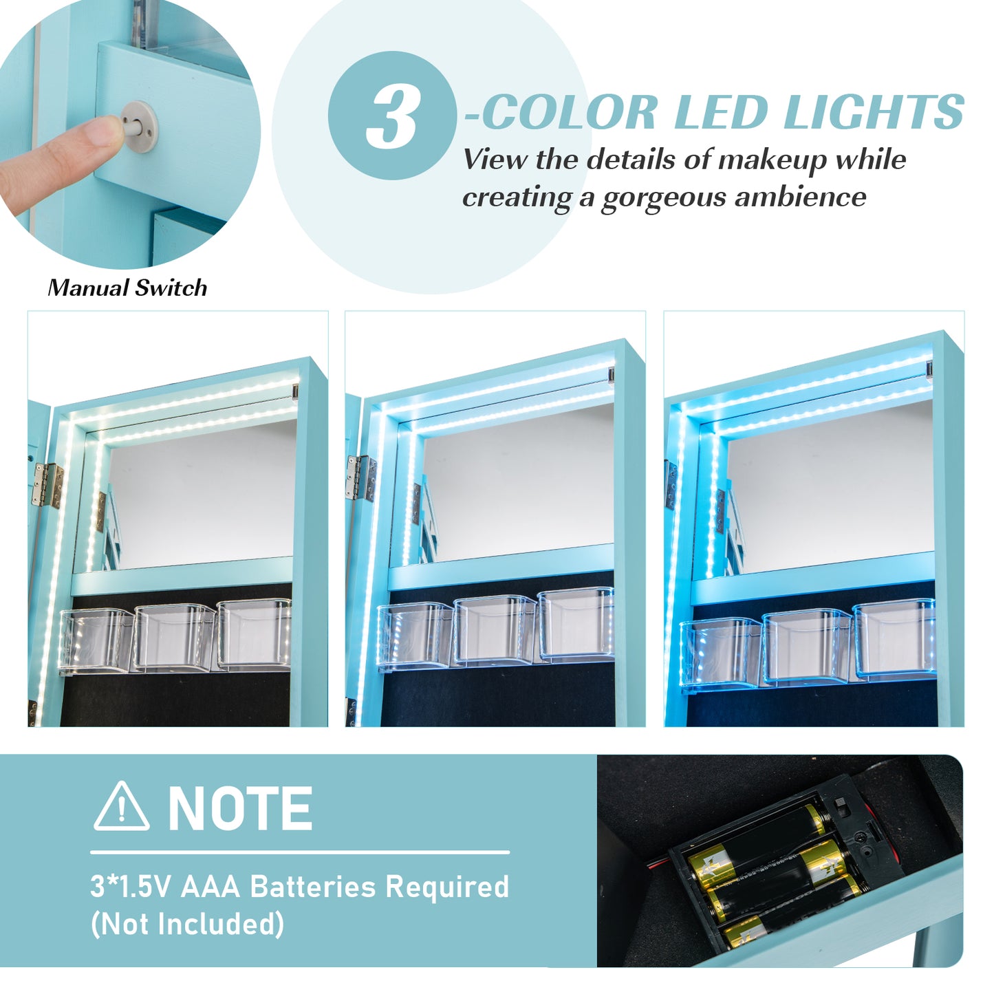360° Rotating Jewelry Armoire with LED Mirror and Lockable Storage – Blue