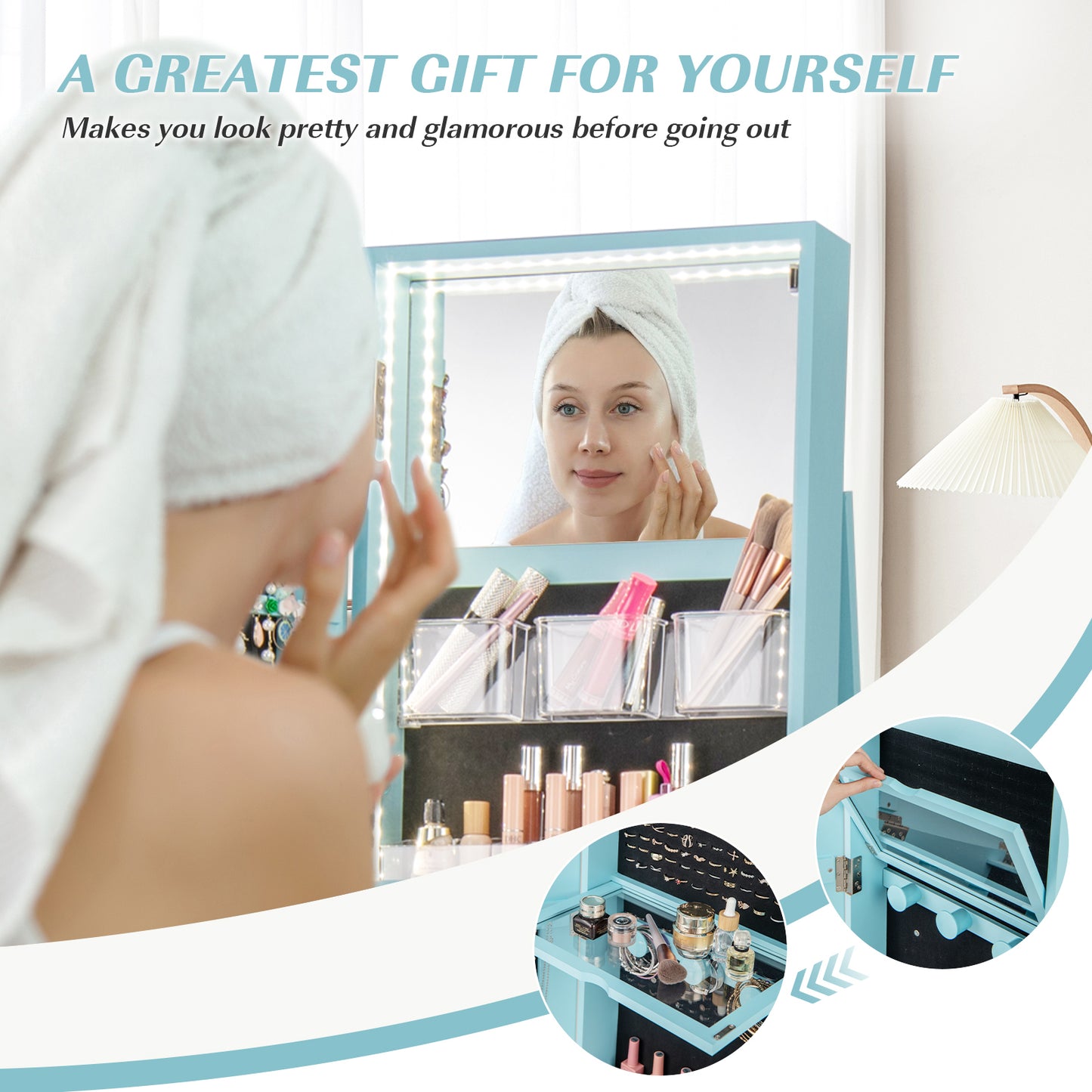 360° Rotating Jewelry Armoire with LED Mirror and Lockable Storage – Blue
