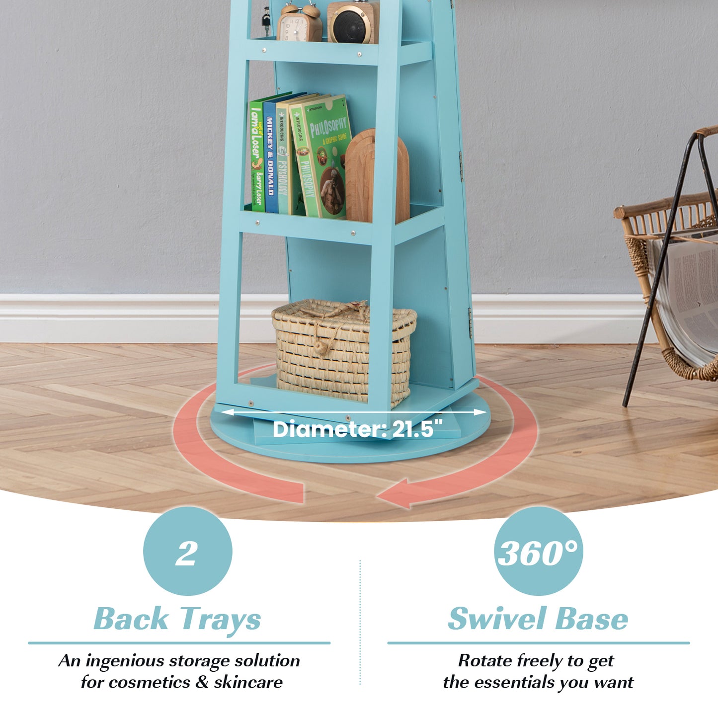 360° Rotating Jewelry Armoire with LED Mirror and Lockable Storage – Blue