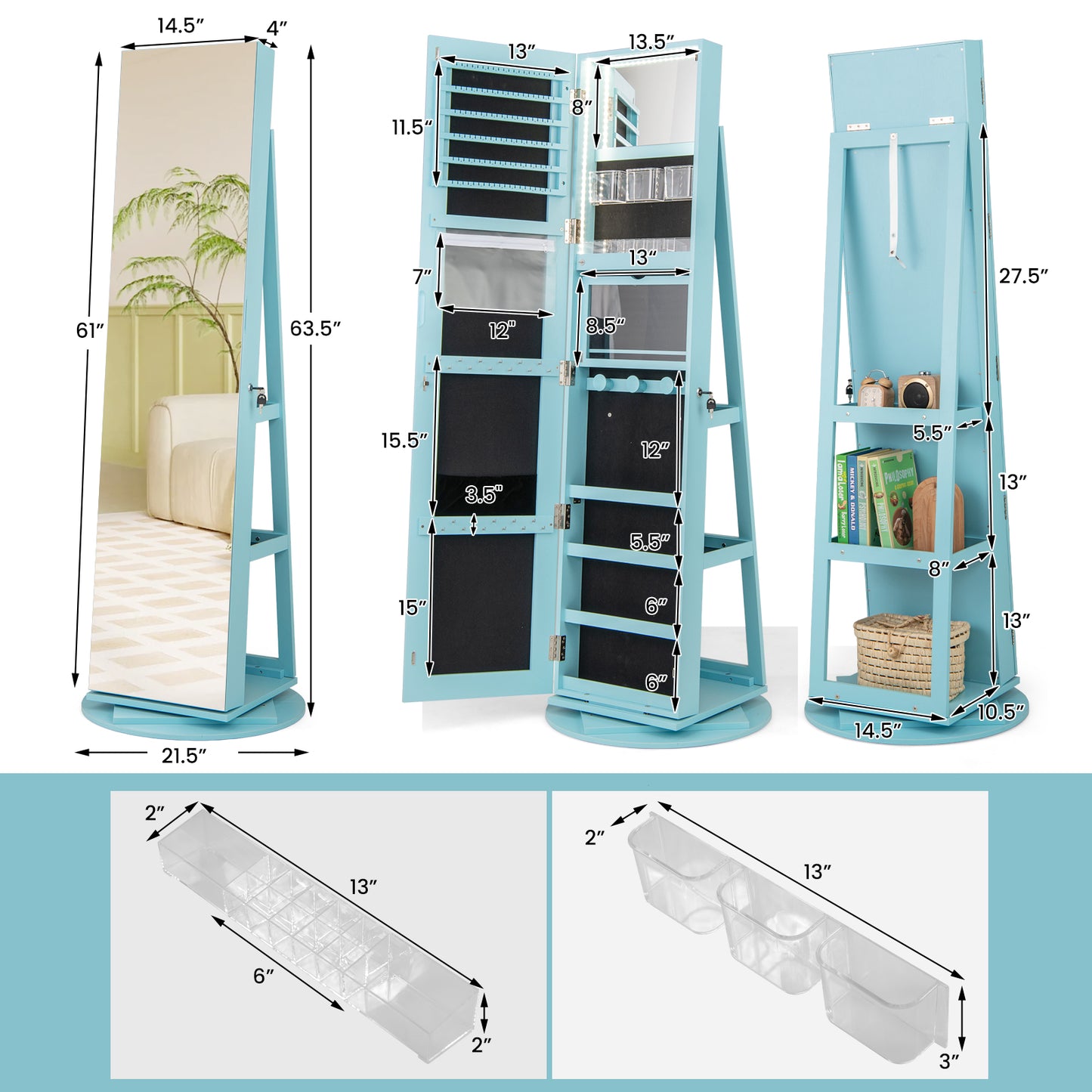 360° Rotating Jewelry Armoire with LED Mirror and Lockable Storage – Blue