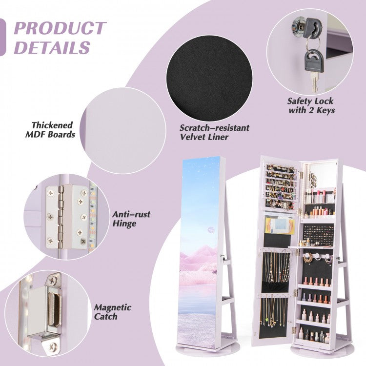 360° Rotating Jewelry Armoire with LED Mirror and Lockable Storage – Purple