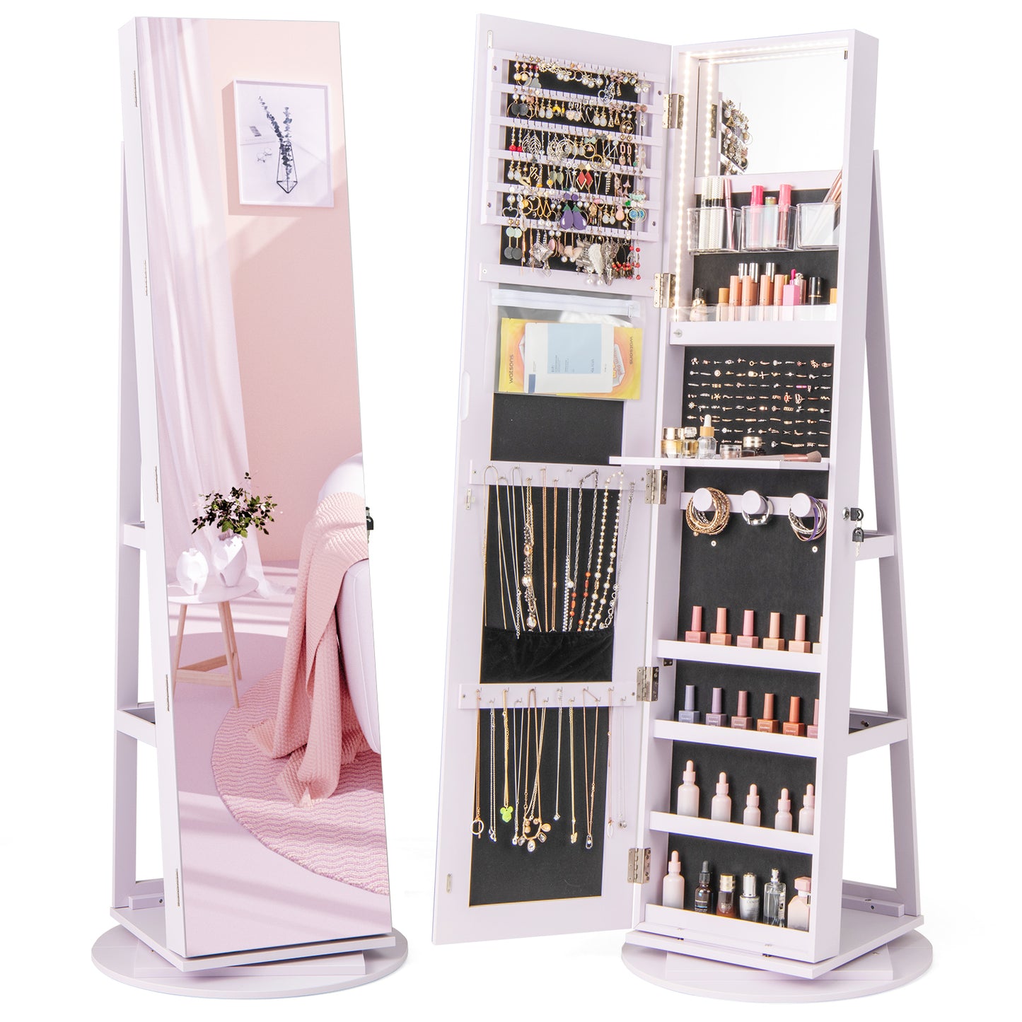 360° Rotating Jewelry Armoire with LED Mirror and Lockable Storage – Purple