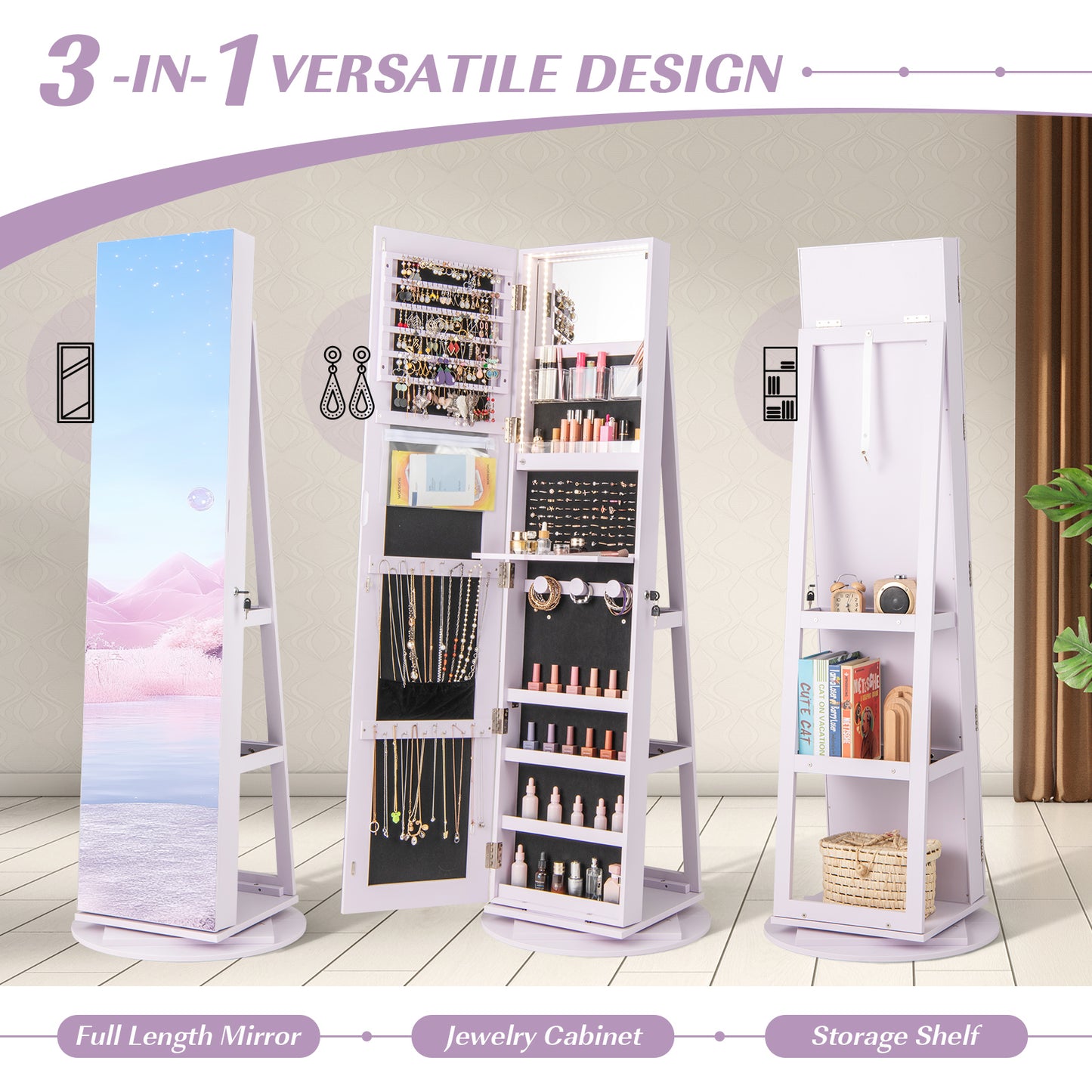360° Rotating Jewelry Armoire with LED Mirror and Lockable Storage – Purple