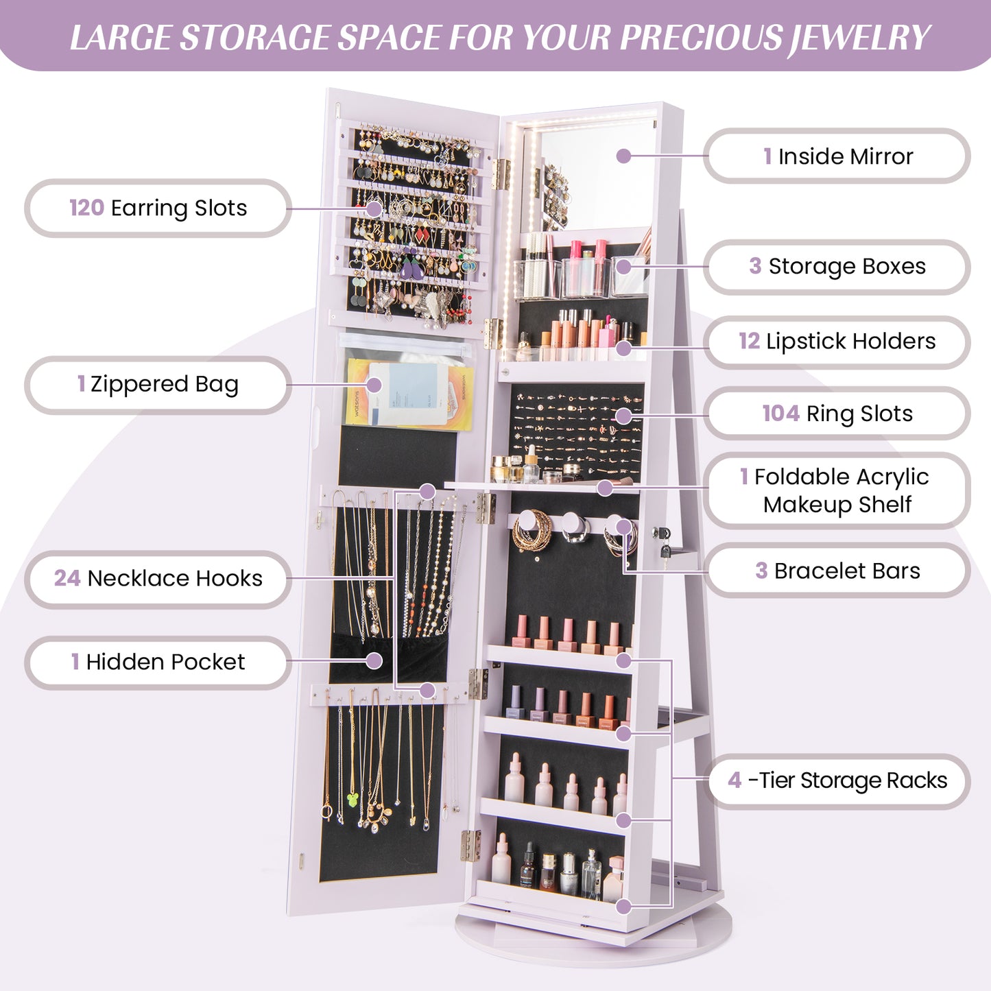 360° Rotating Jewelry Armoire with LED Mirror and Lockable Storage – Purple
