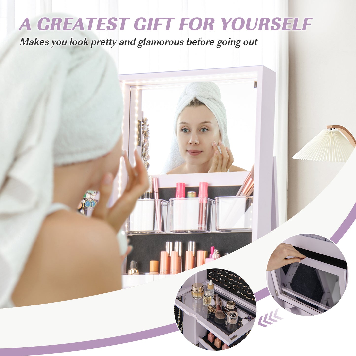 360° Rotating Jewelry Armoire with LED Mirror and Lockable Storage – Purple