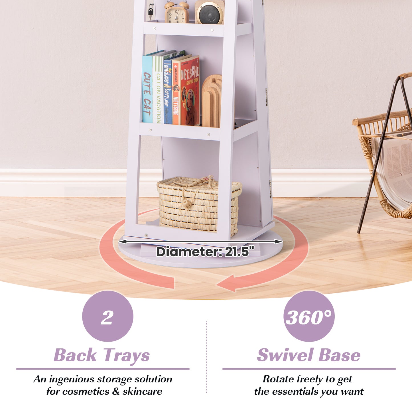 360° Rotating Jewelry Armoire with LED Mirror and Lockable Storage – Purple