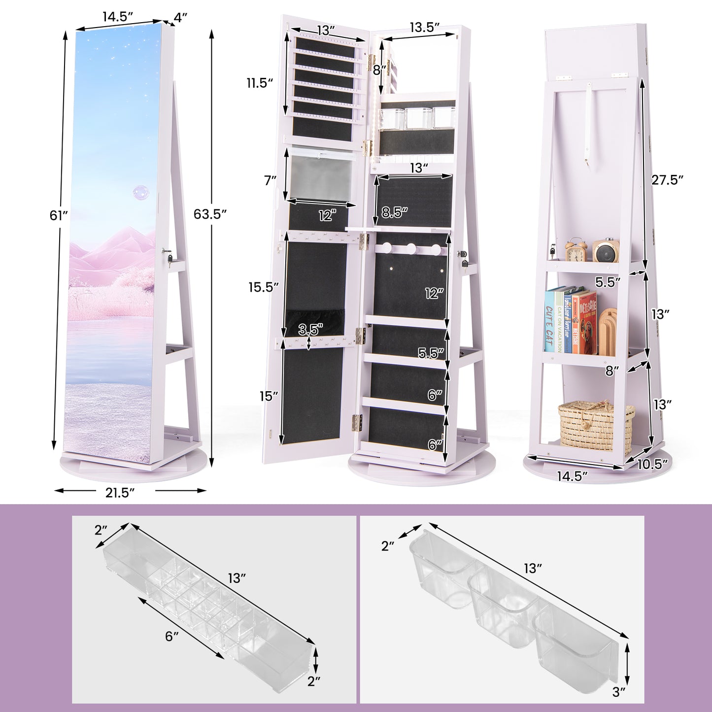 360° Rotating Jewelry Armoire with LED Mirror and Lockable Storage – Purple